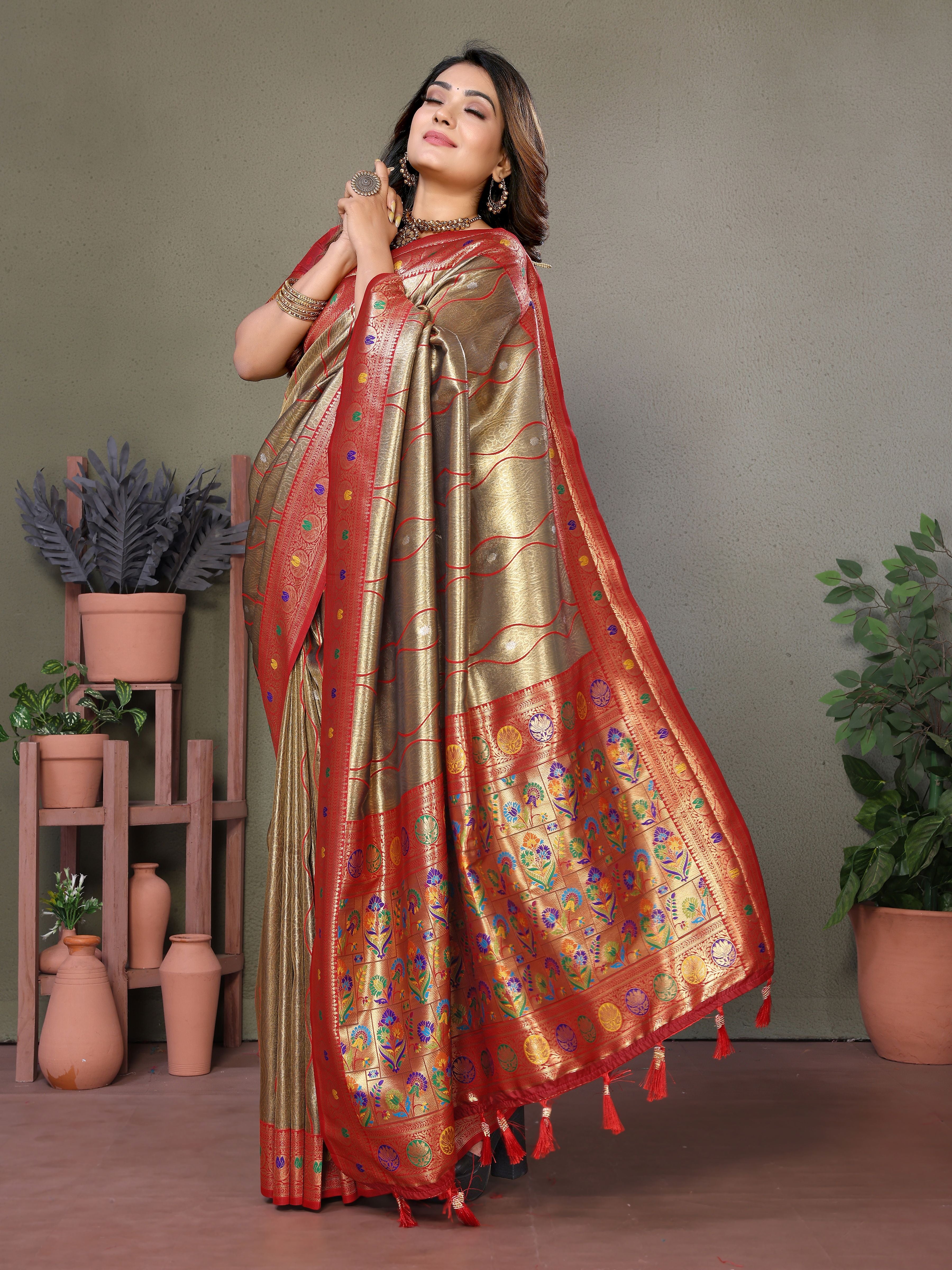 Woven Heavy Designer Banarasi Tissue Silk Brown Ethnic Ceremonial Saree