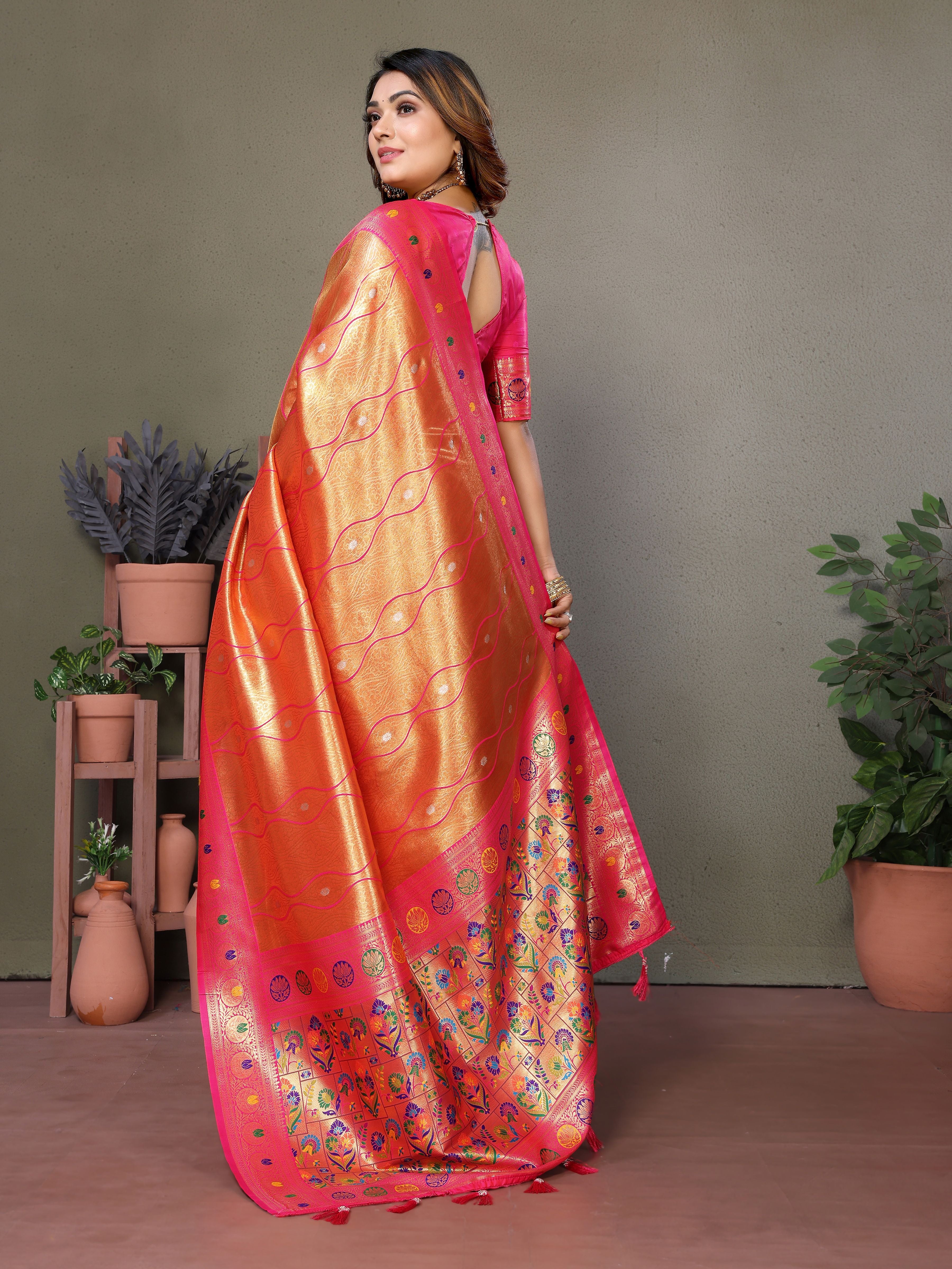 Woven Heavy Designer Banarasi Tissue Silk Orange Ethnic Ceremonial Saree