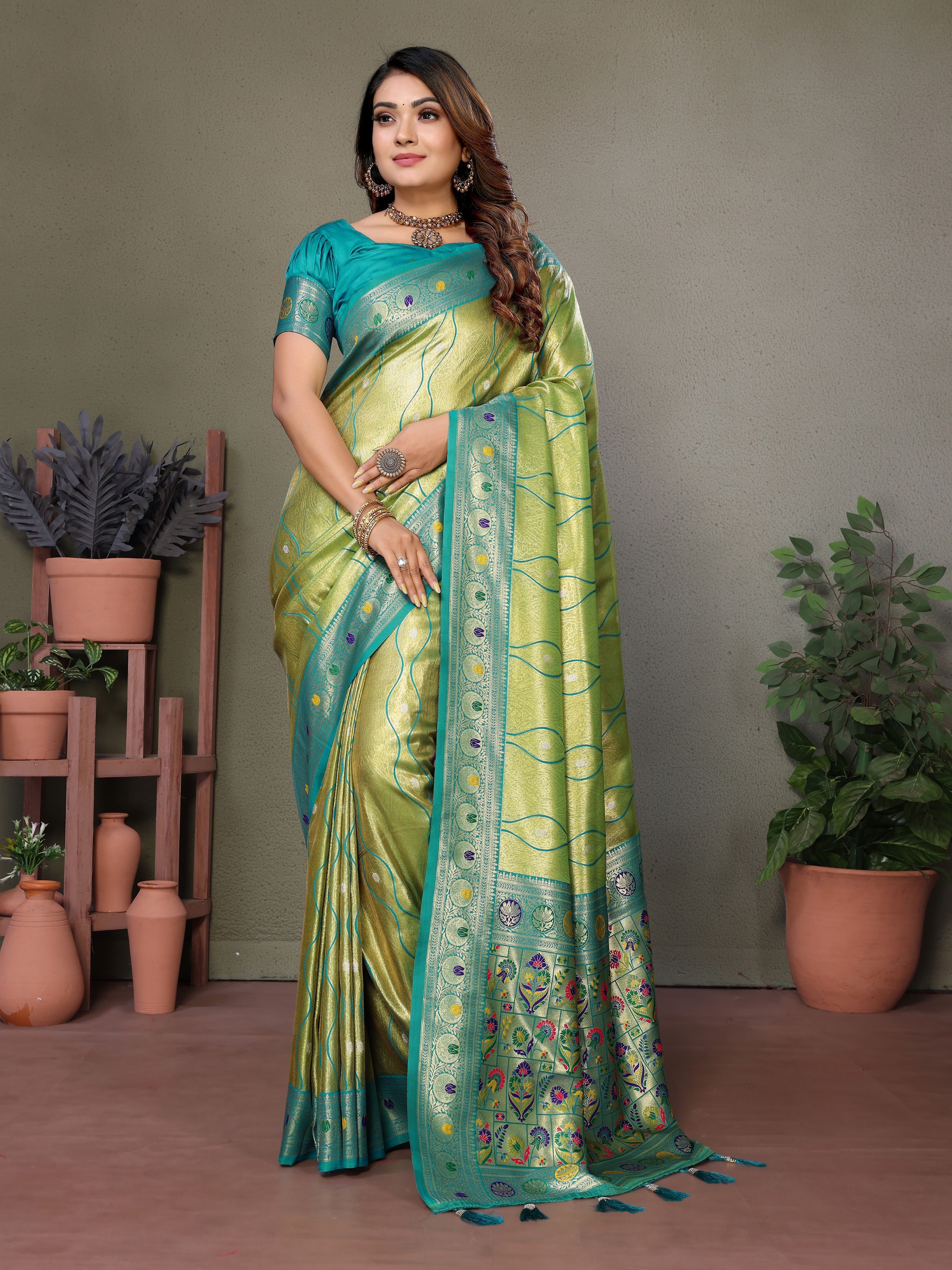 Woven Heavy Designer Banarasi Tissue Silk Pista Ethnic Ceremonial Saree