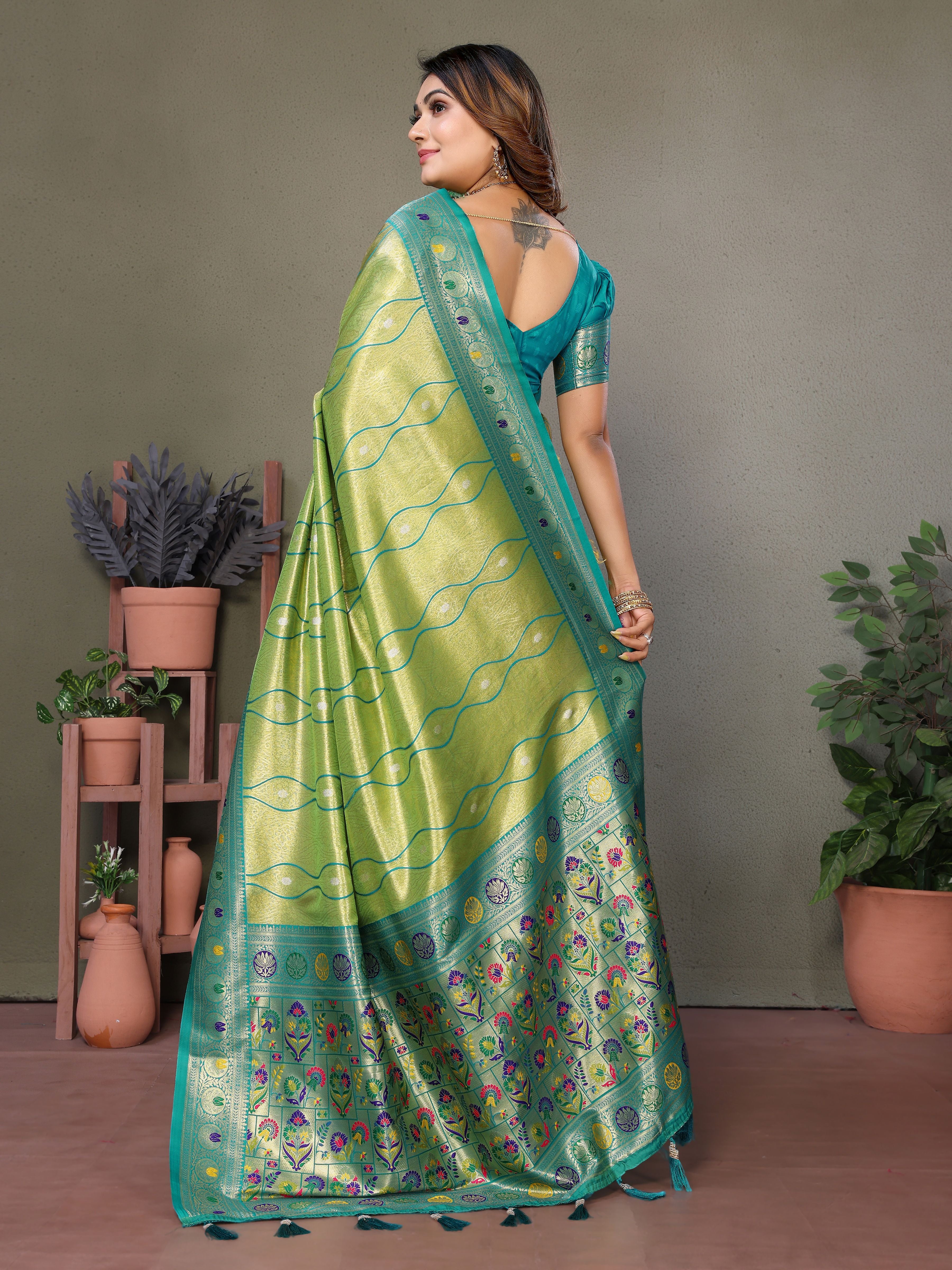 Woven Heavy Designer Banarasi Tissue Silk Pista Ethnic Ceremonial Saree
