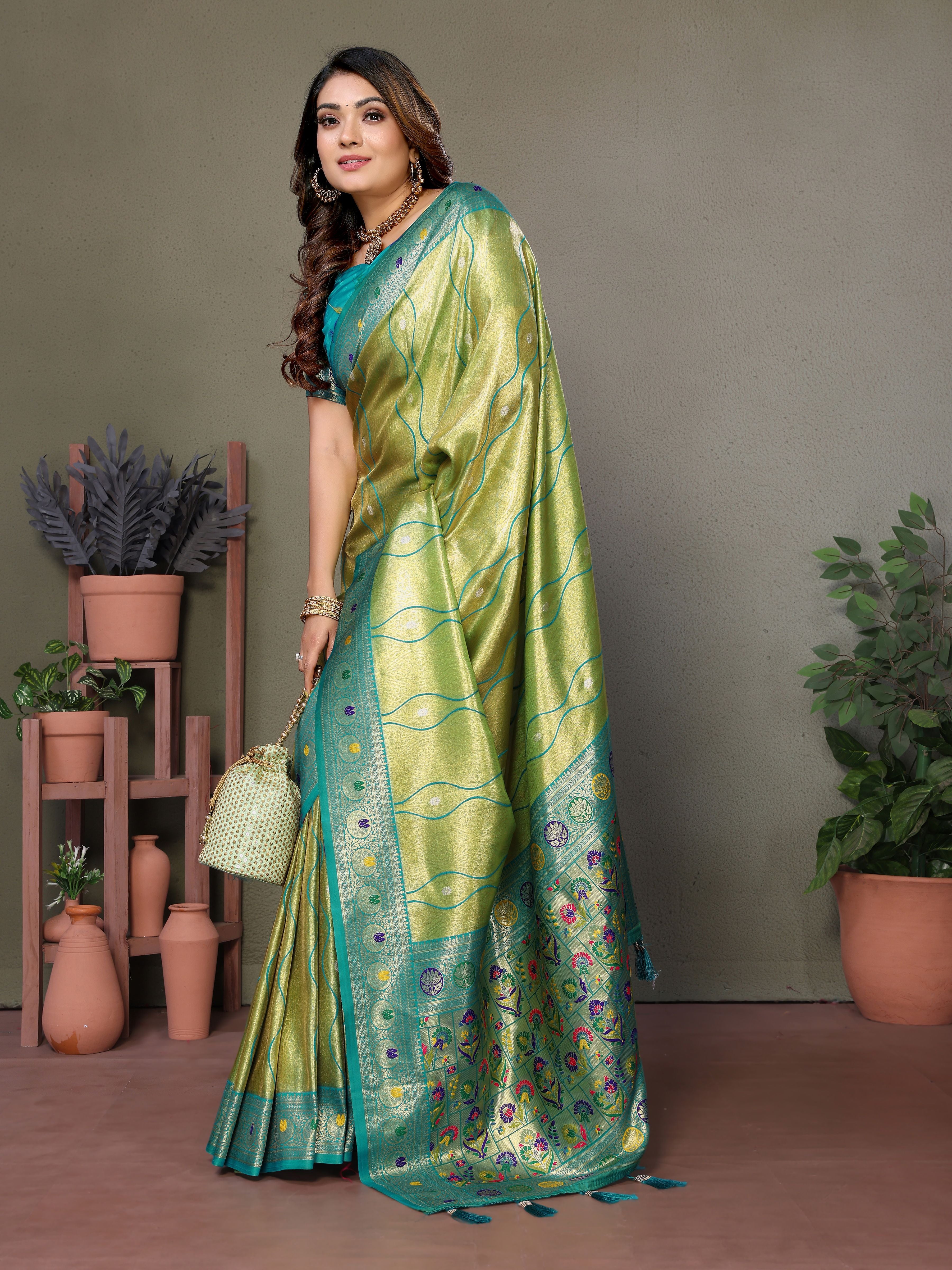 Woven Heavy Designer Banarasi Tissue Silk Pista Ethnic Ceremonial Saree