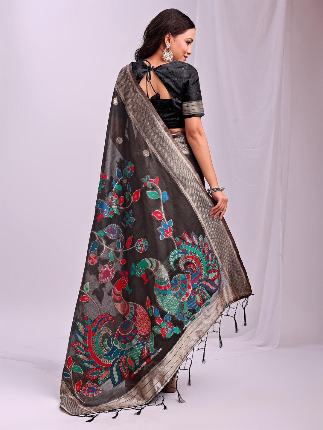 Woven Jacquard Designer Black Linen Cotton Ceremonial Saree