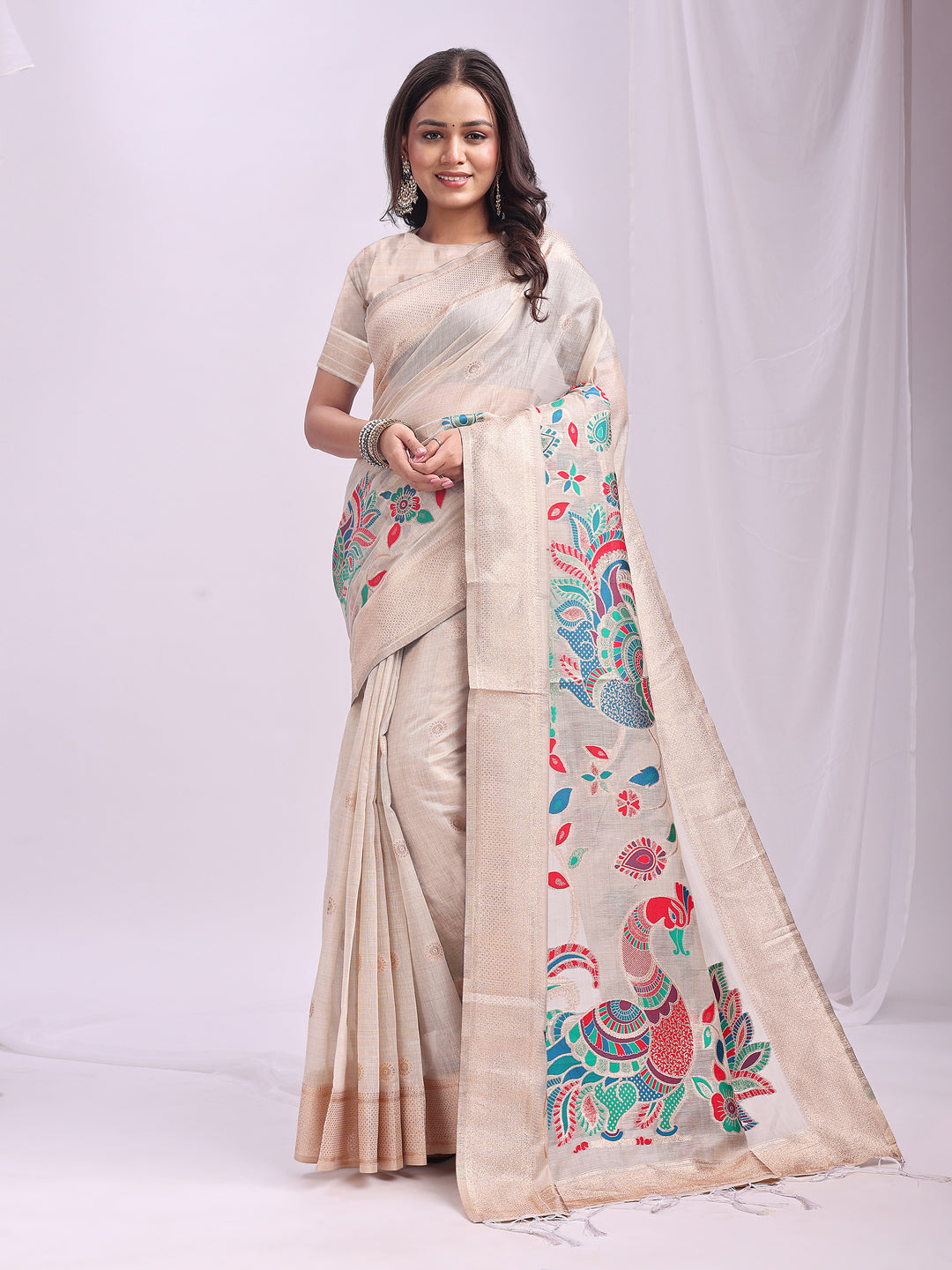 Woven Jacquard Designer Cream Linen Cotton Ceremonial Saree