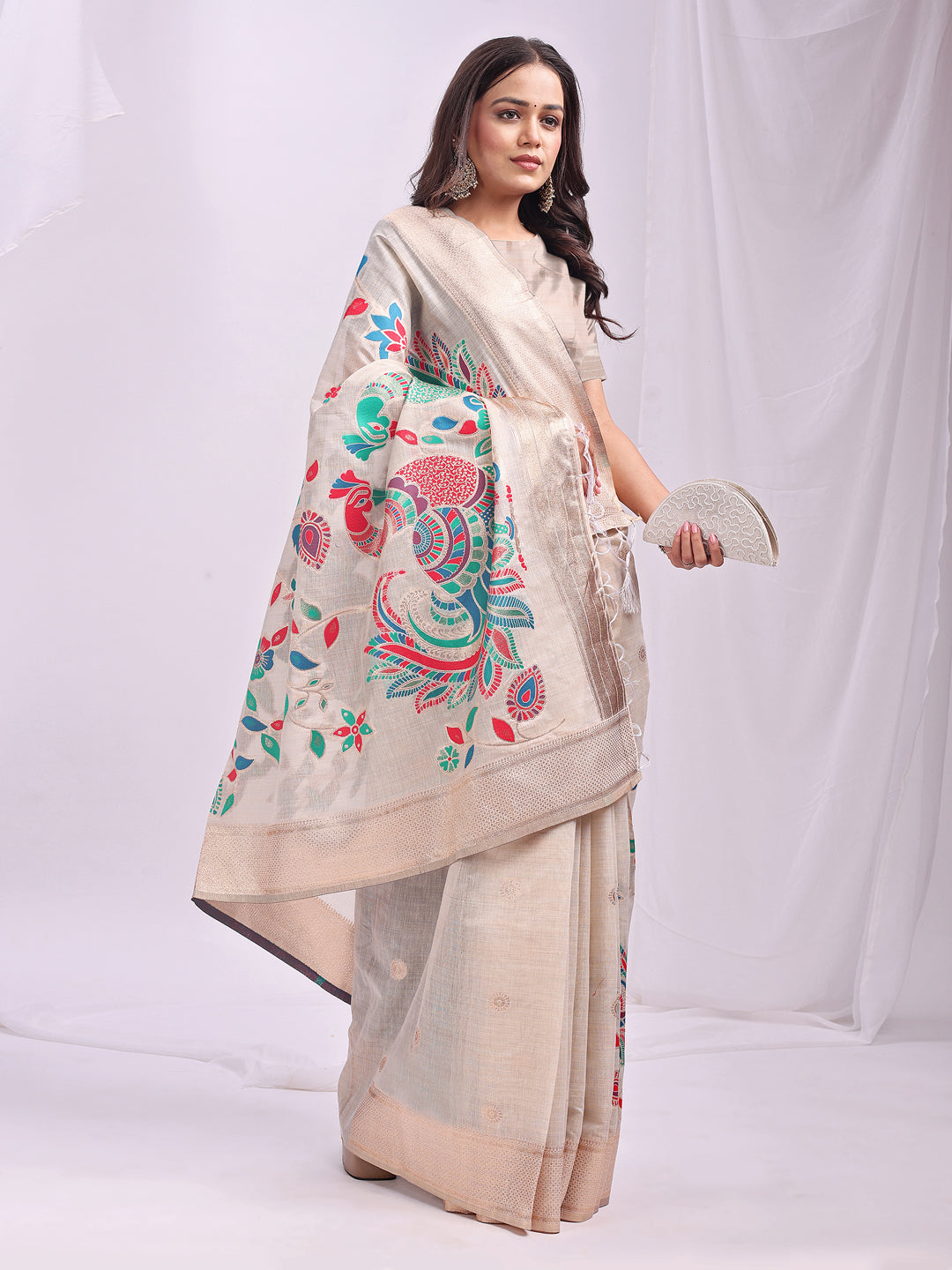 Woven Jacquard Designer Cream Linen Cotton Ceremonial Saree