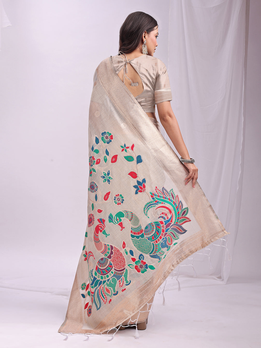 Woven Jacquard Designer Cream Linen Cotton Ceremonial Saree