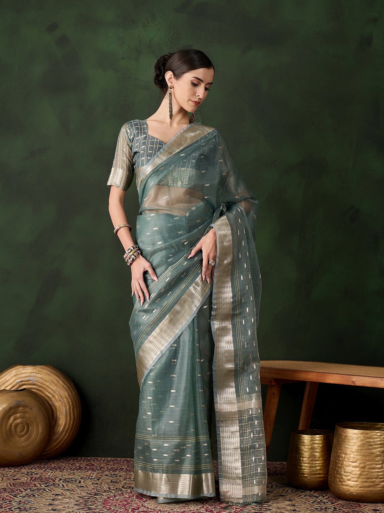Woven Jacquard Designer Green Khadi Organza Festive Saree