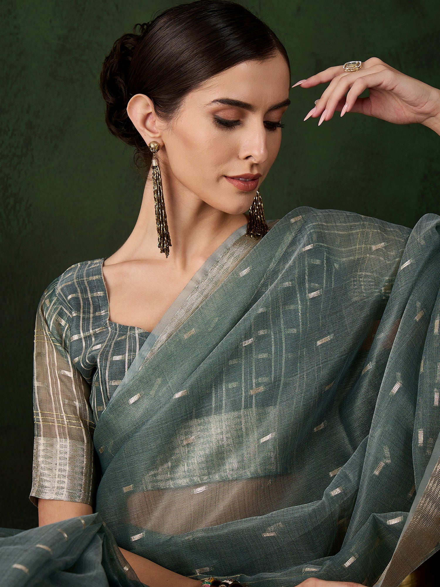 Woven Jacquard Designer Green Khadi Organza Festive Saree