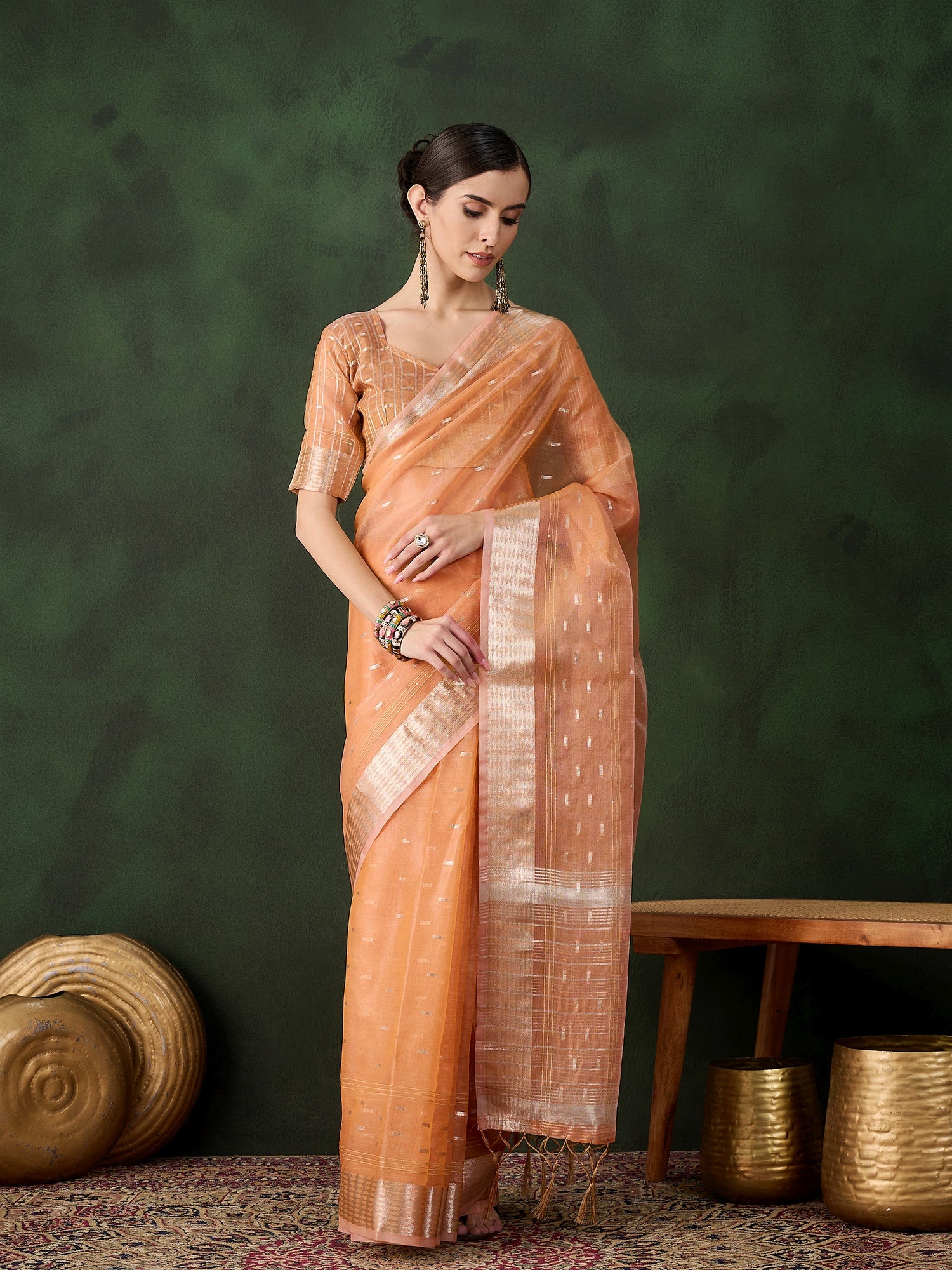 Woven Jacquard Designer Peach Khadi Organza Festive Saree