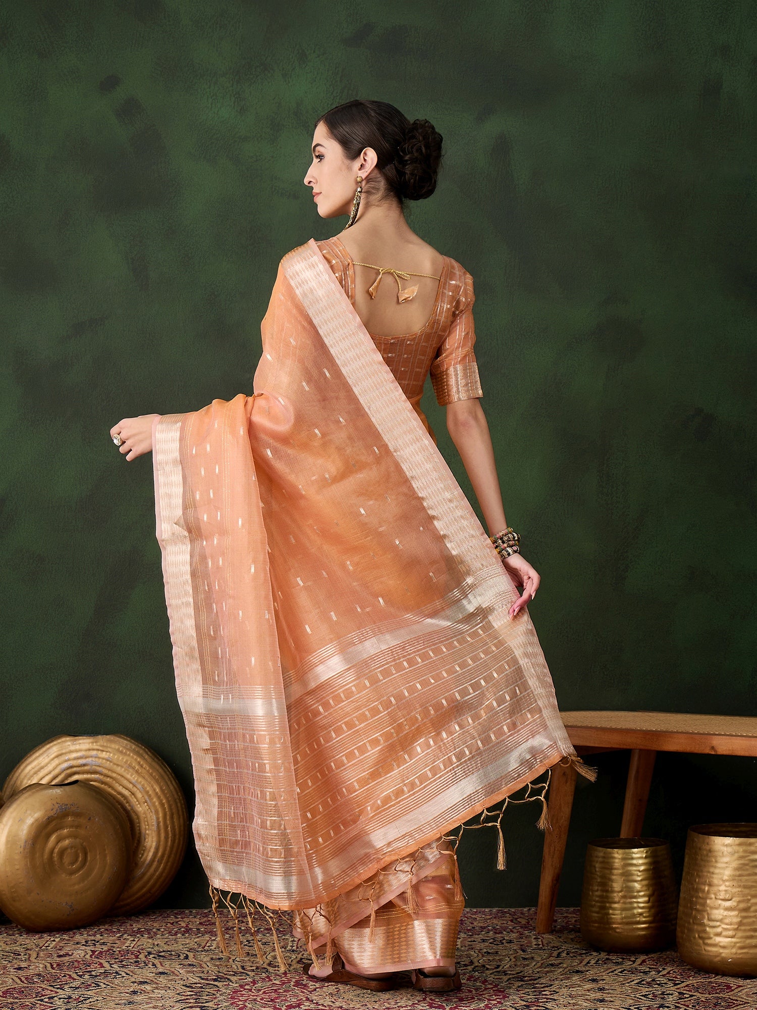 Woven Jacquard Designer Peach Khadi Organza Festive Saree