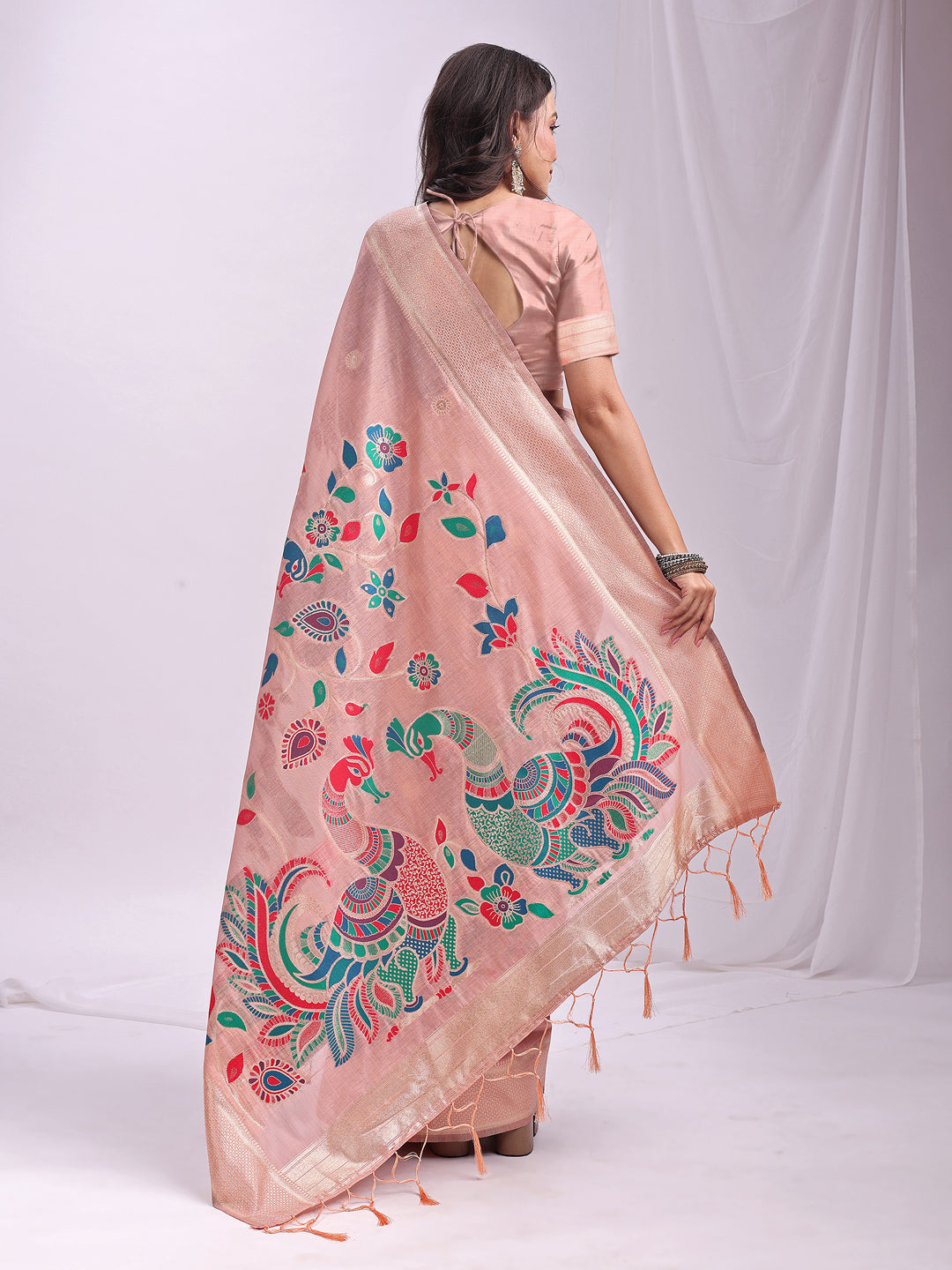 Woven Jacquard Designer Peach Linen Cotton Ceremonial Saree