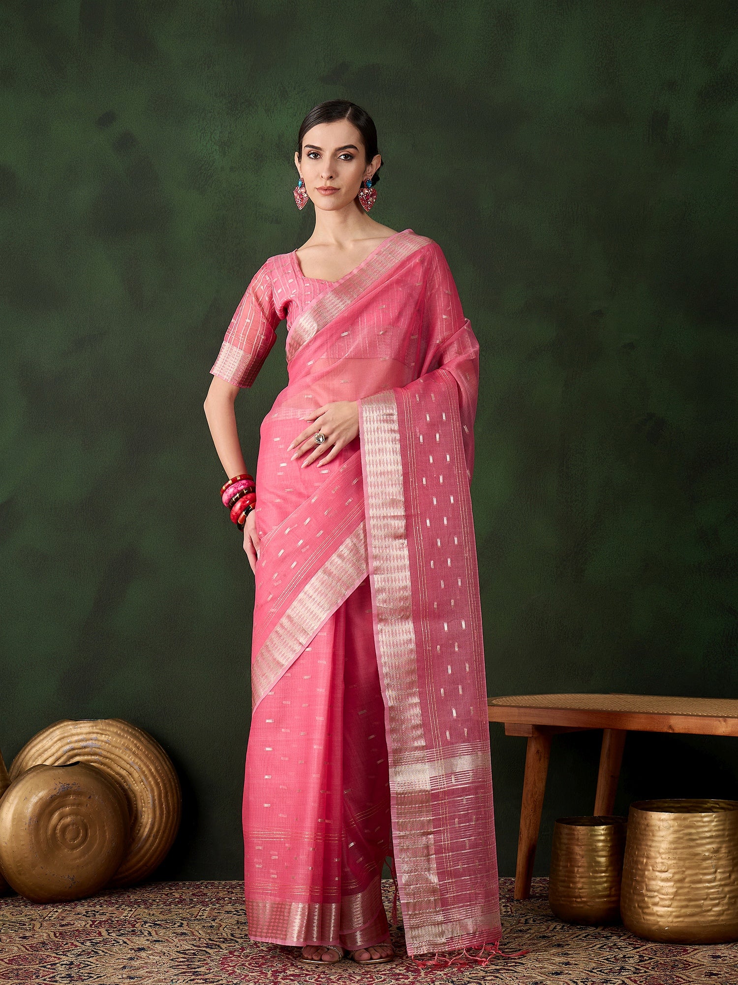 Woven Jacquard Designer Pink Khadi Organza Festive Saree