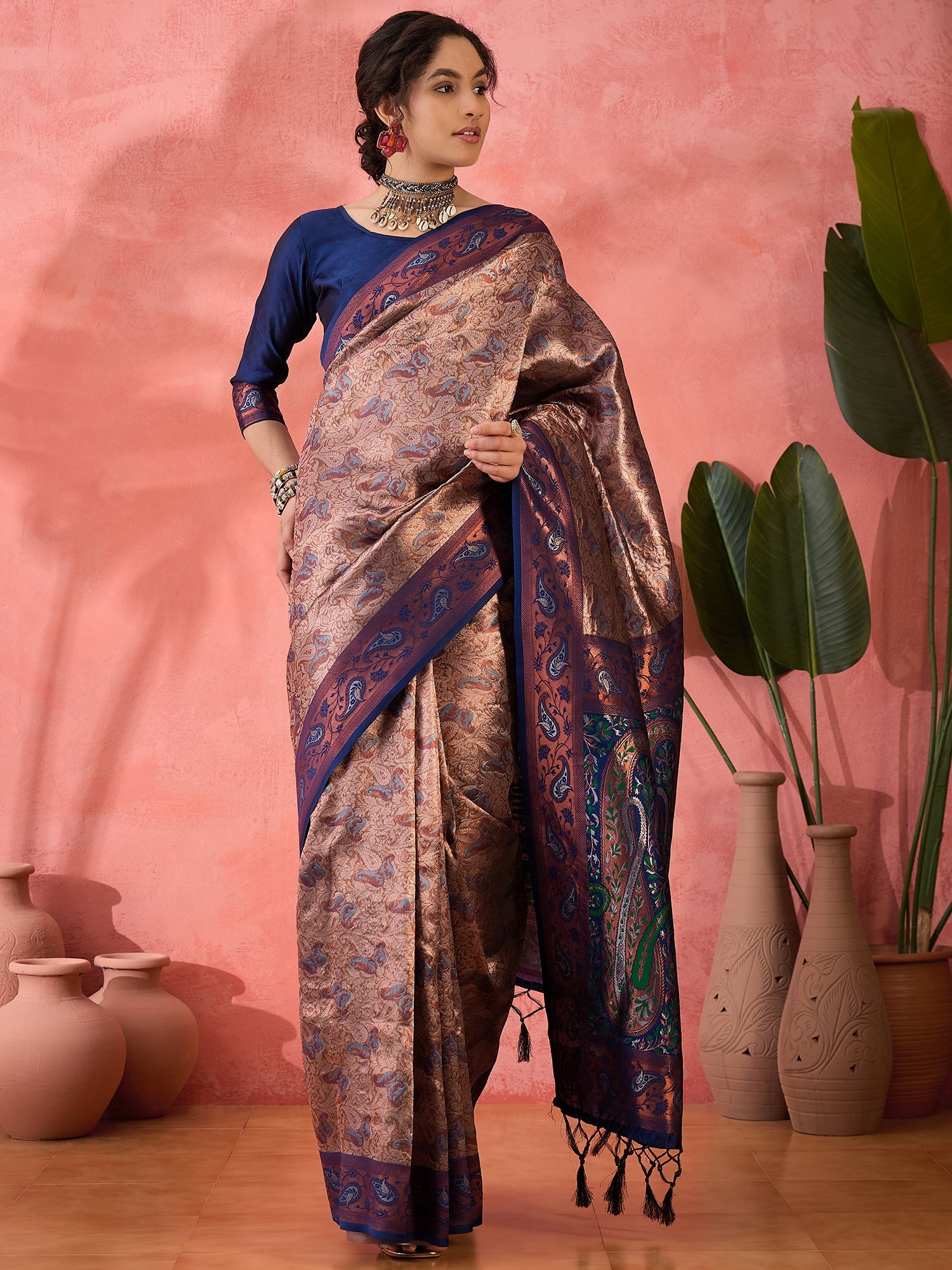 Woven Jacquard Designer Silk Blended Ethnic Partywear Ceremonial Blue Saree