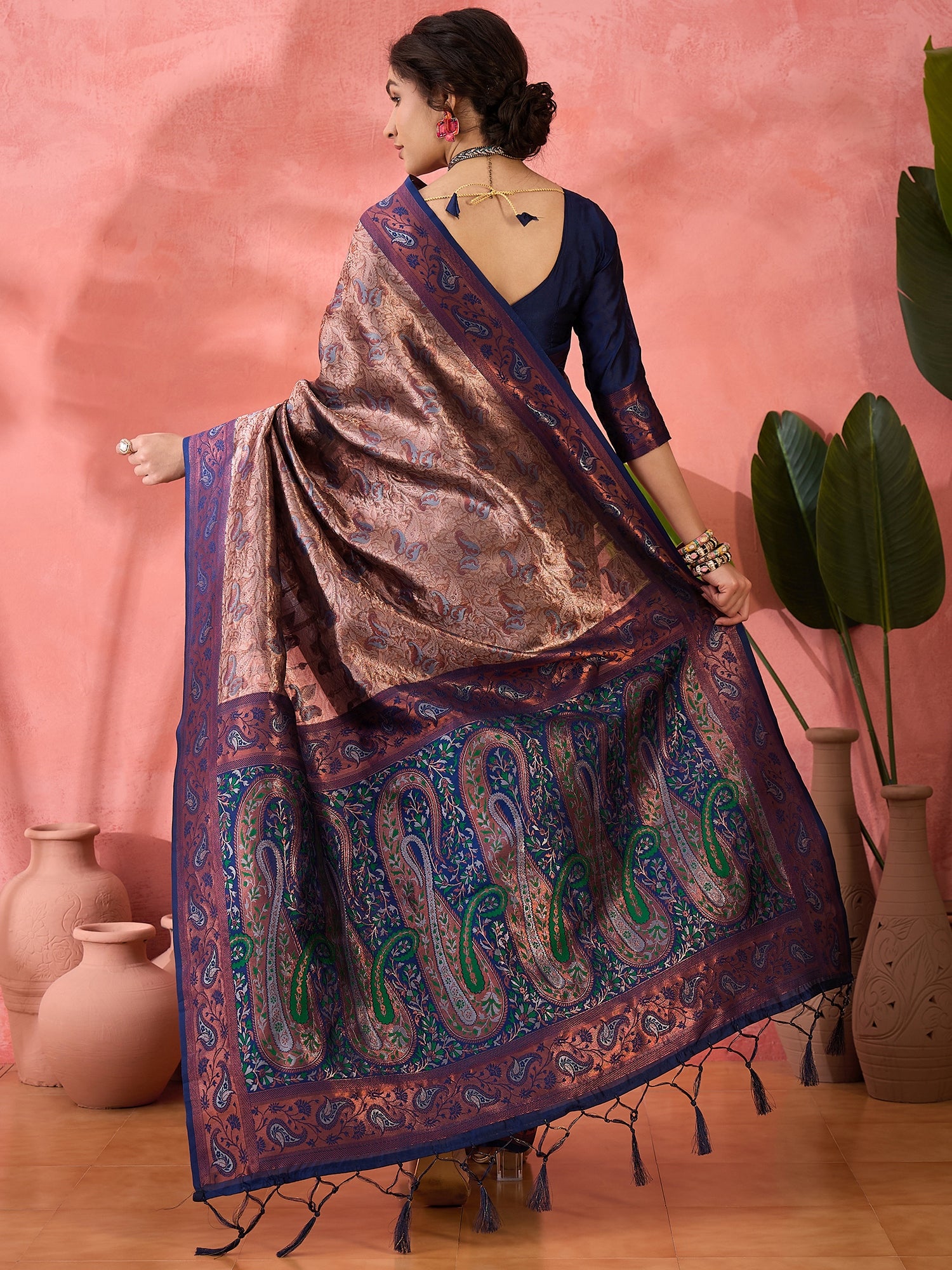 Woven Jacquard Designer Silk Blended Ethnic Partywear Ceremonial Blue Saree