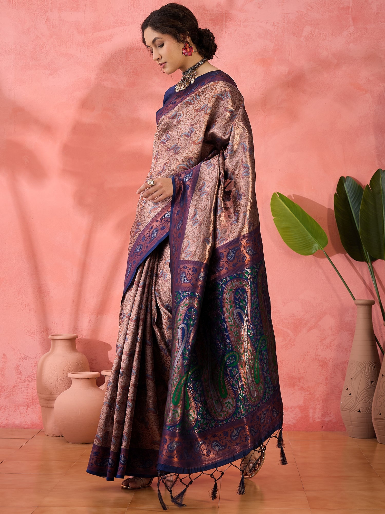 Woven Jacquard Designer Silk Blended Ethnic Partywear Ceremonial Blue Saree