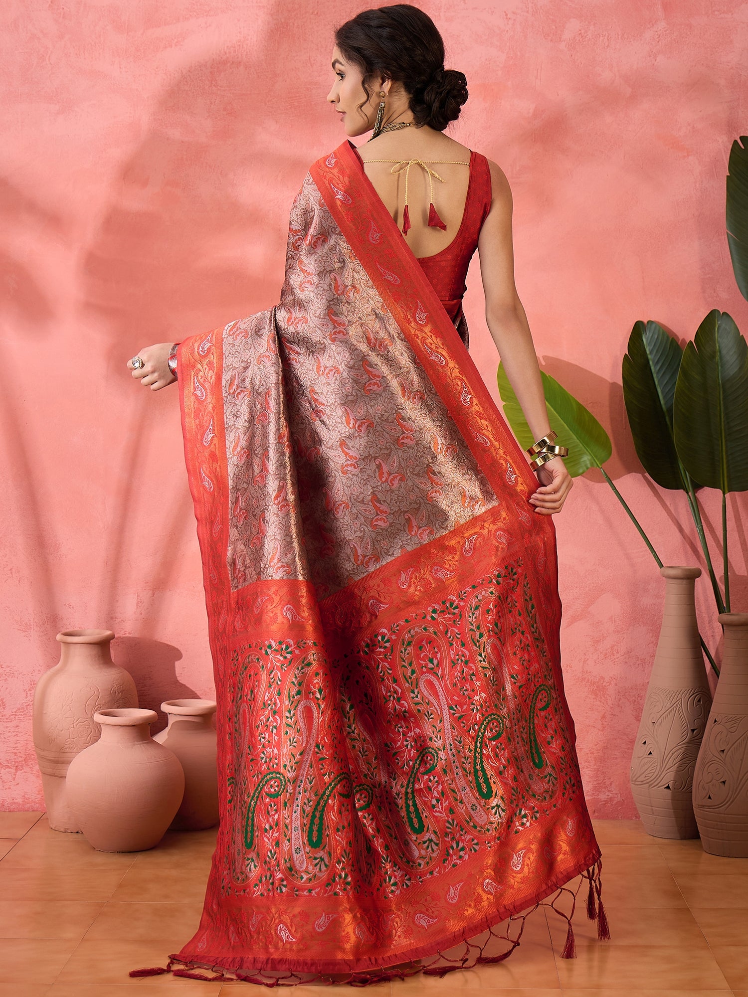 Woven Jacquard Designer Silk Blended Ethnic Partywear Ceremonial Brown Saree