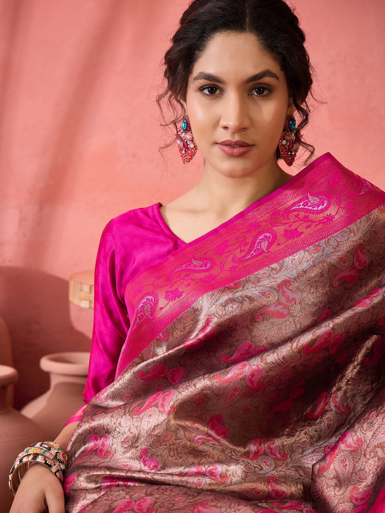 Woven Jacquard Designer Silk Blended Ethnic Partywear Ceremonial Pink Saree
