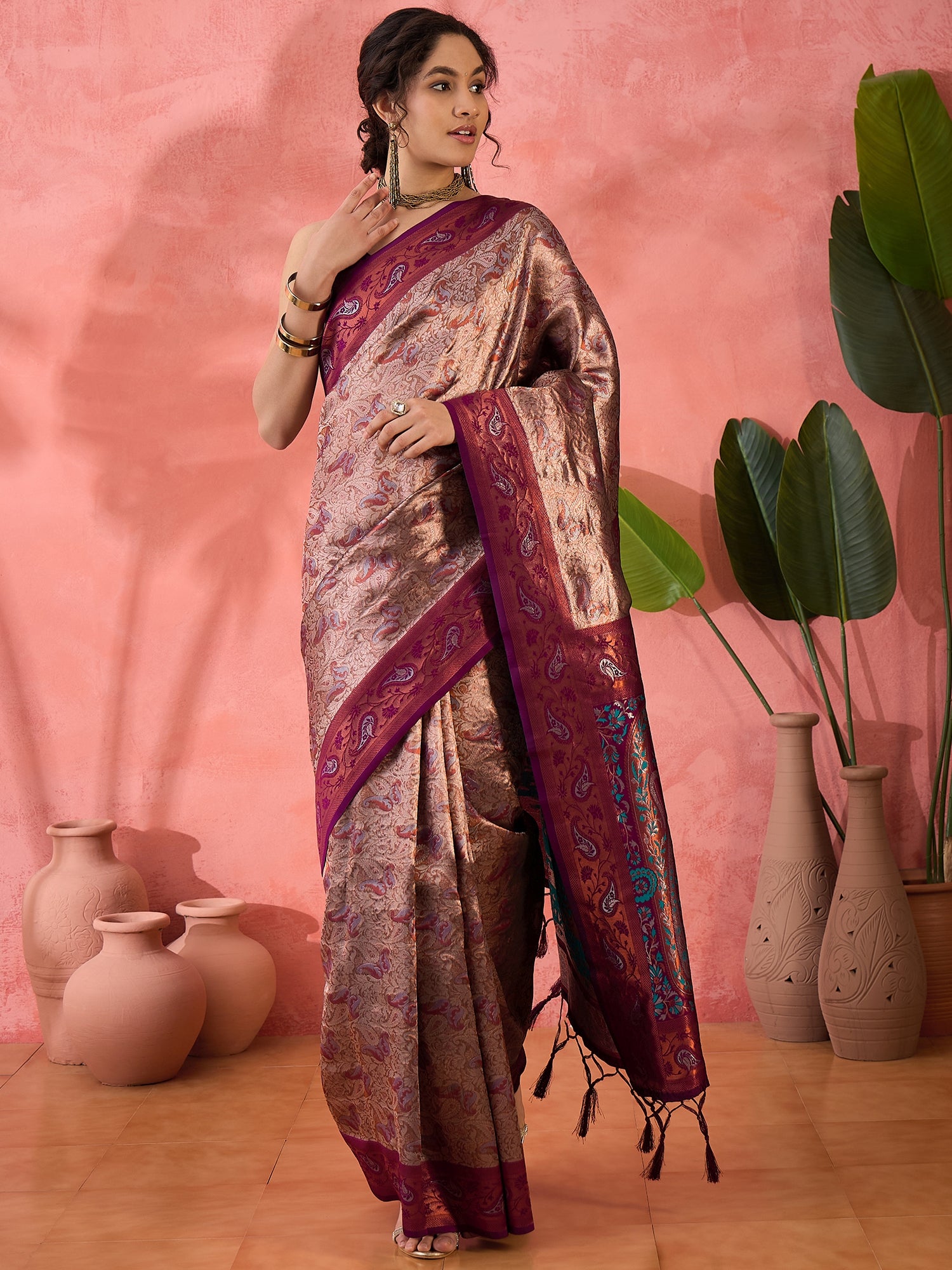 Woven Jacquard Designer Silk Blended Ethnic Partywear Ceremonial Wine Saree
