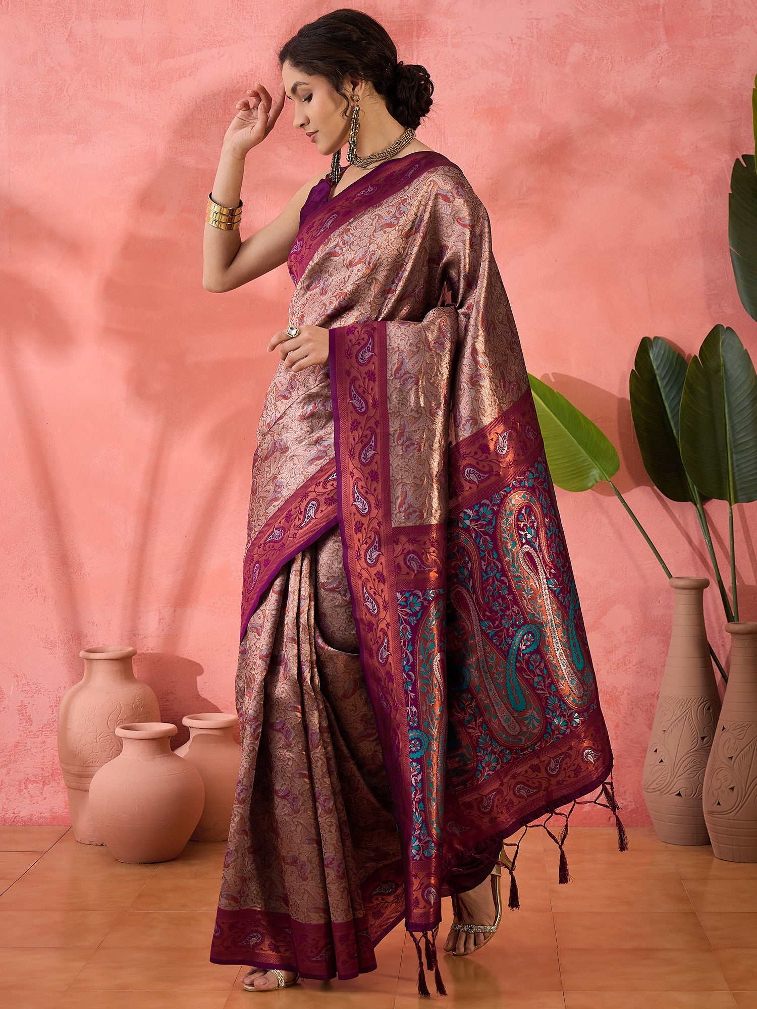 Woven Jacquard Designer Silk Blended Ethnic Partywear Ceremonial Wine Saree