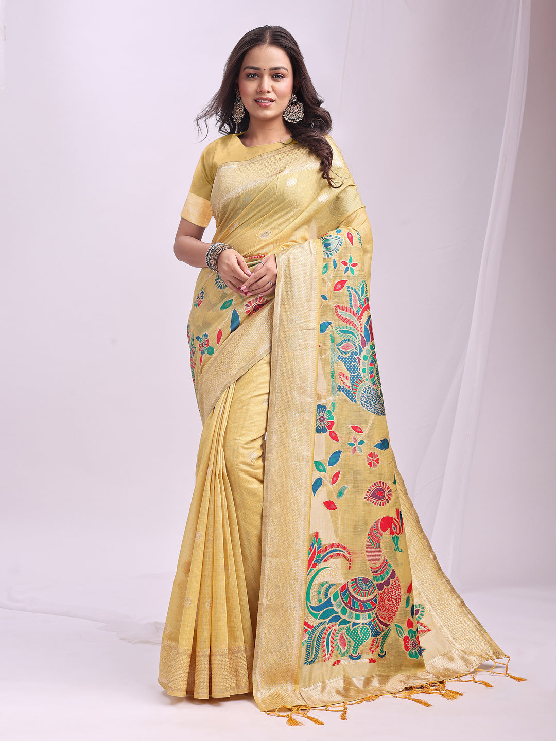 Woven Jacquard Designer Yelllow Linen Cotton Ceremonial Saree