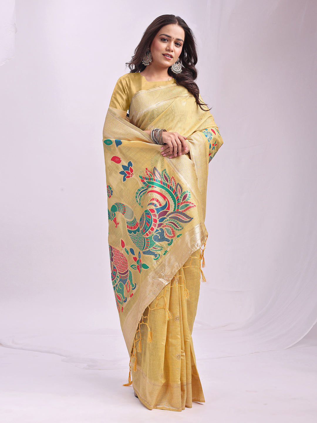 Woven Jacquard Designer Yelllow Linen Cotton Ceremonial Saree