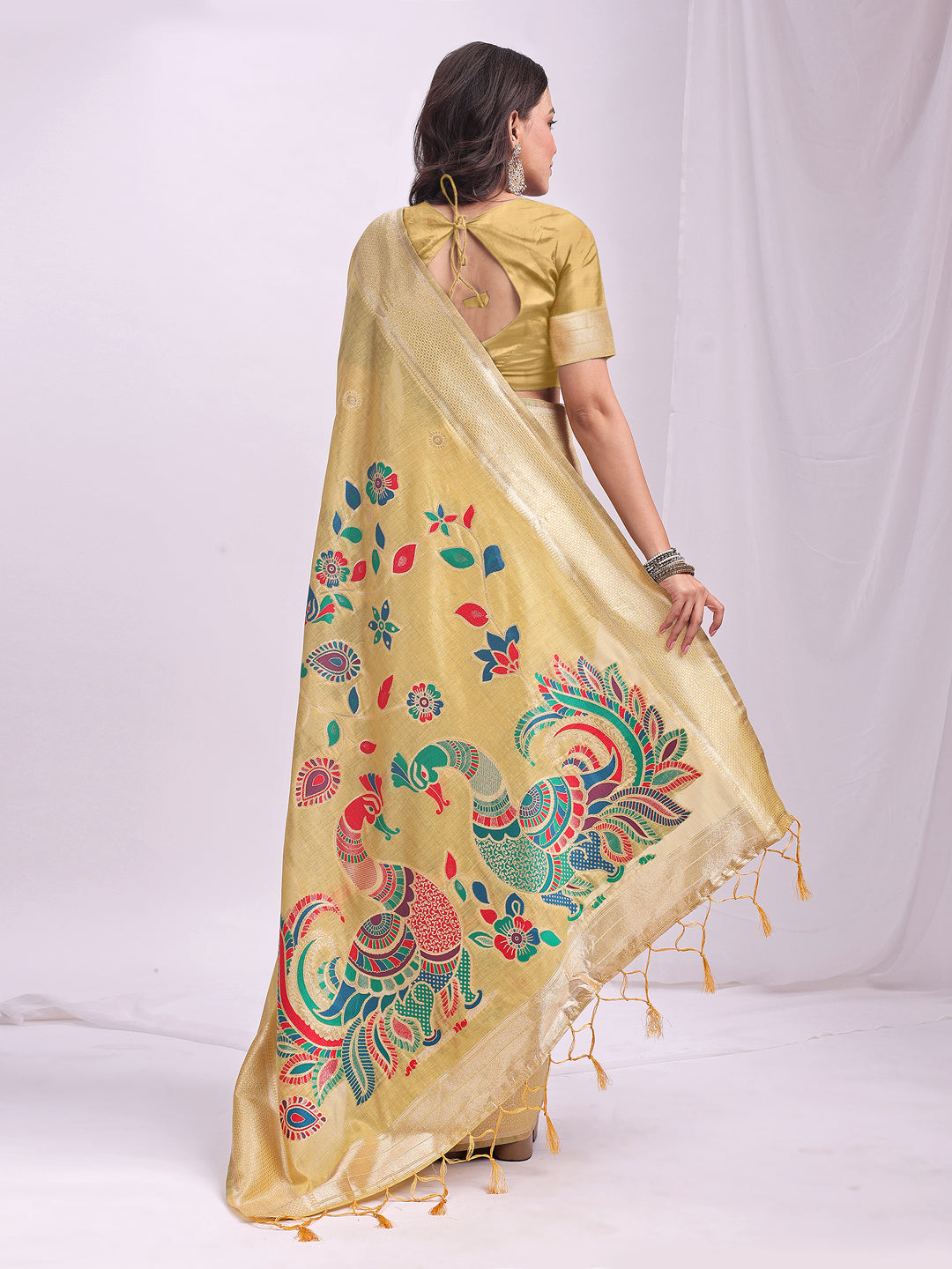Woven Jacquard Designer Yelllow Linen Cotton Ceremonial Saree