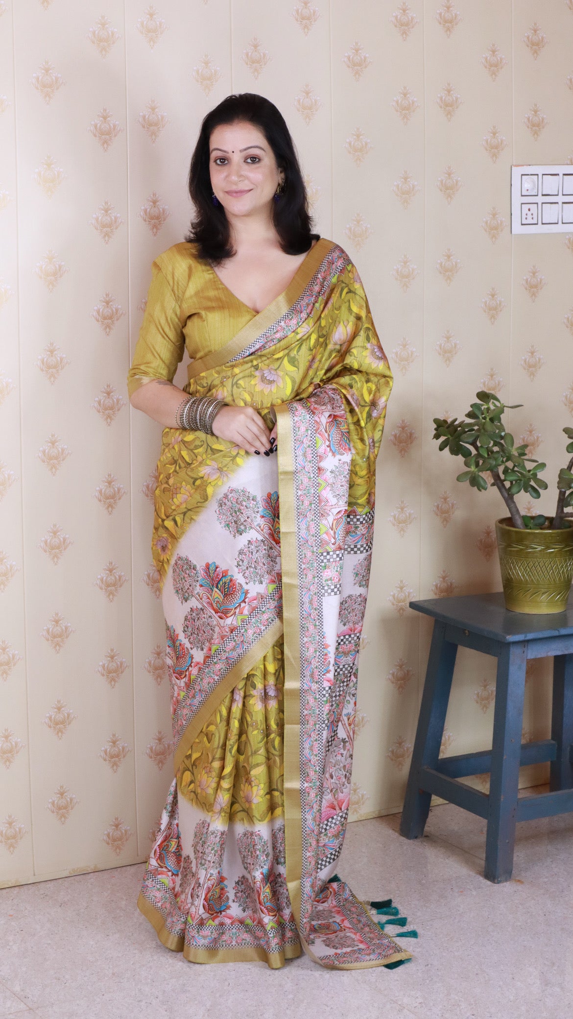 Woven Jari Border Designer Madhubani Digital Printed Yellow Tussar Silk Saree