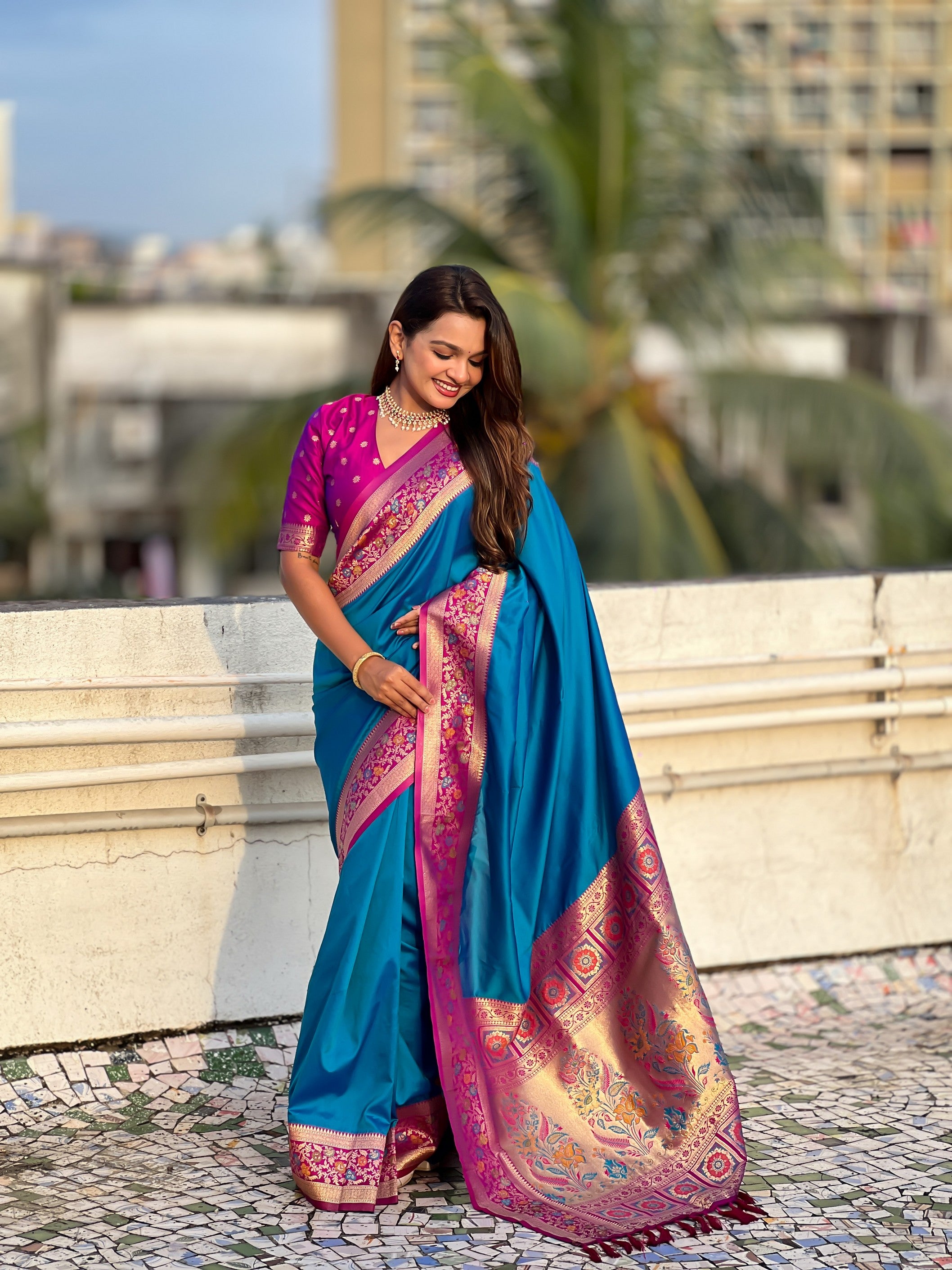 Woven Kadiyal Paithani Gala Designer Teal Blue Soft Silk Ethnic Saree