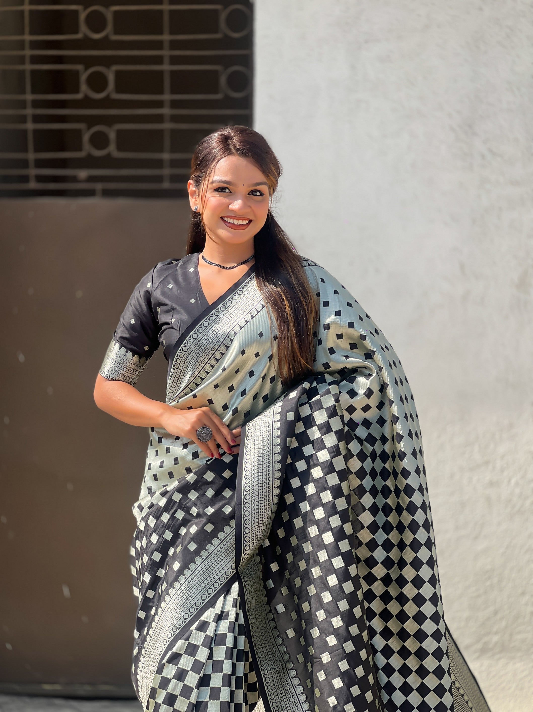 Woven Silver Jari Checks Designer Banarasi Silk Black Beautiful Saree