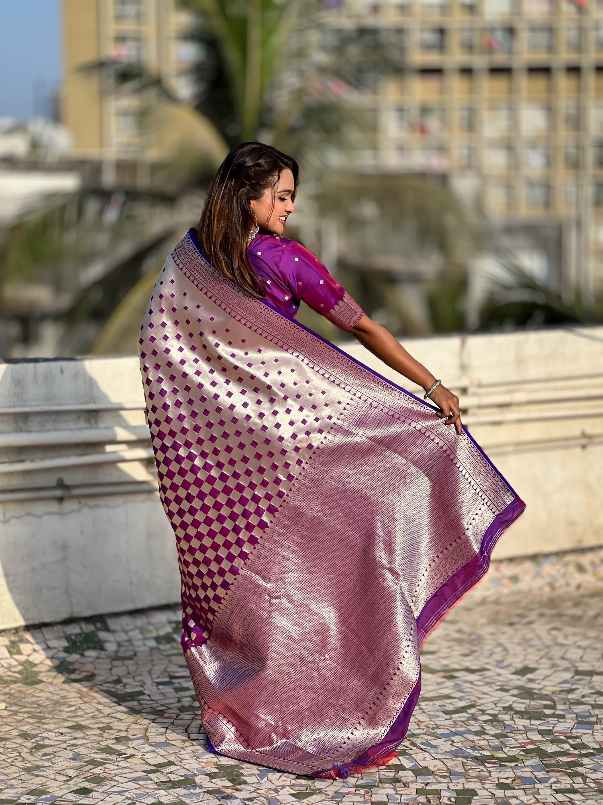 Woven Silver Jari Checks Designer Banarasi Silk Purple Beautiful Saree