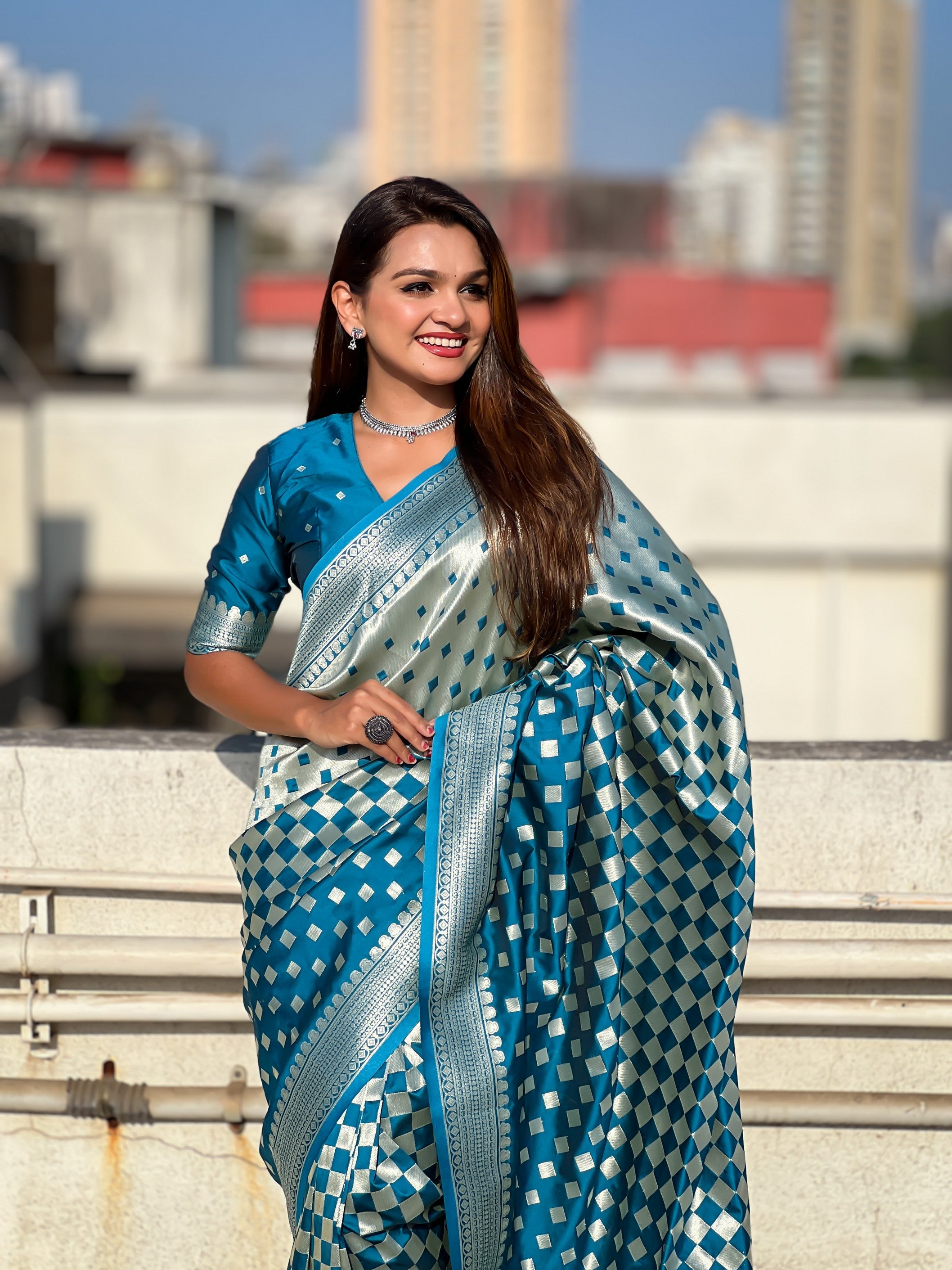 Woven Silver Jari Checks Designer Banarasi Silk Teal Blue Beautiful Saree