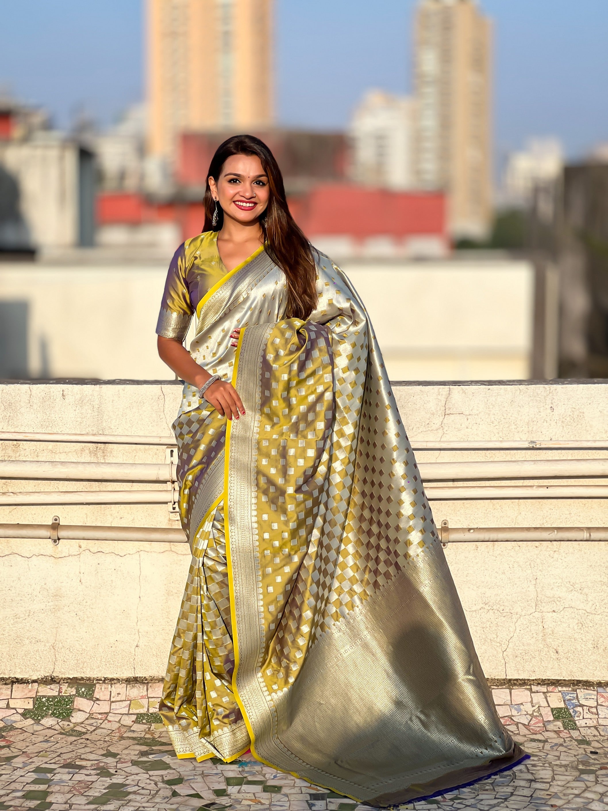 Woven Silver Jari Checks Designer Banarasi Silk Yellow Beautiful Saree