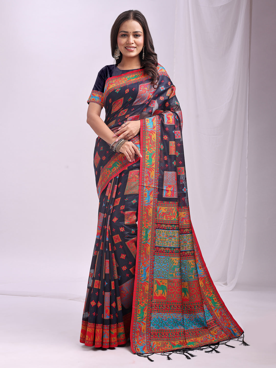 Woven Thread Designer Navy Blue Linen Cotton Traditional Rich Looks Saree