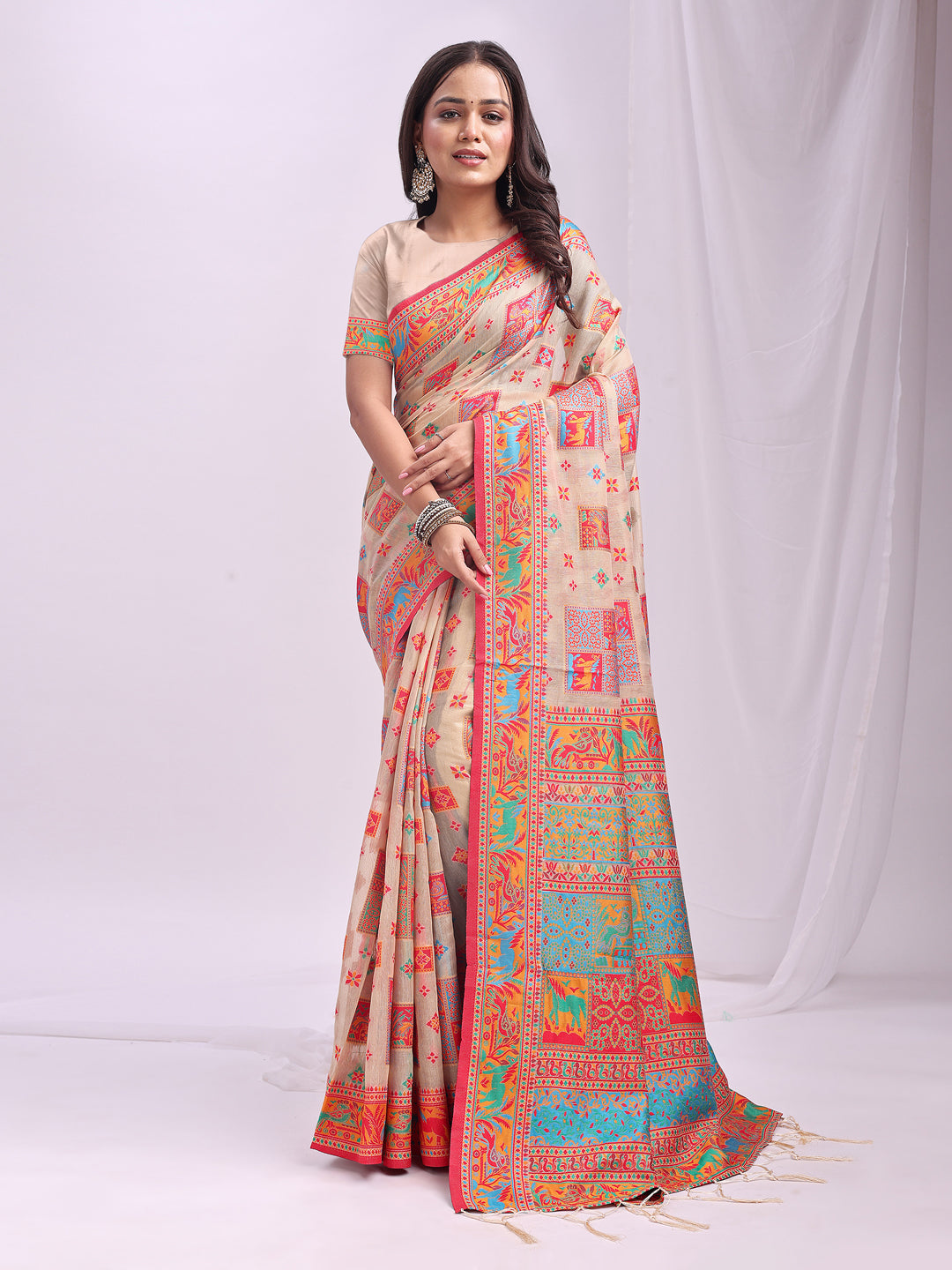 Woven Thread Designer Off White Linen Cotton Traditional Rich Looks Saree
