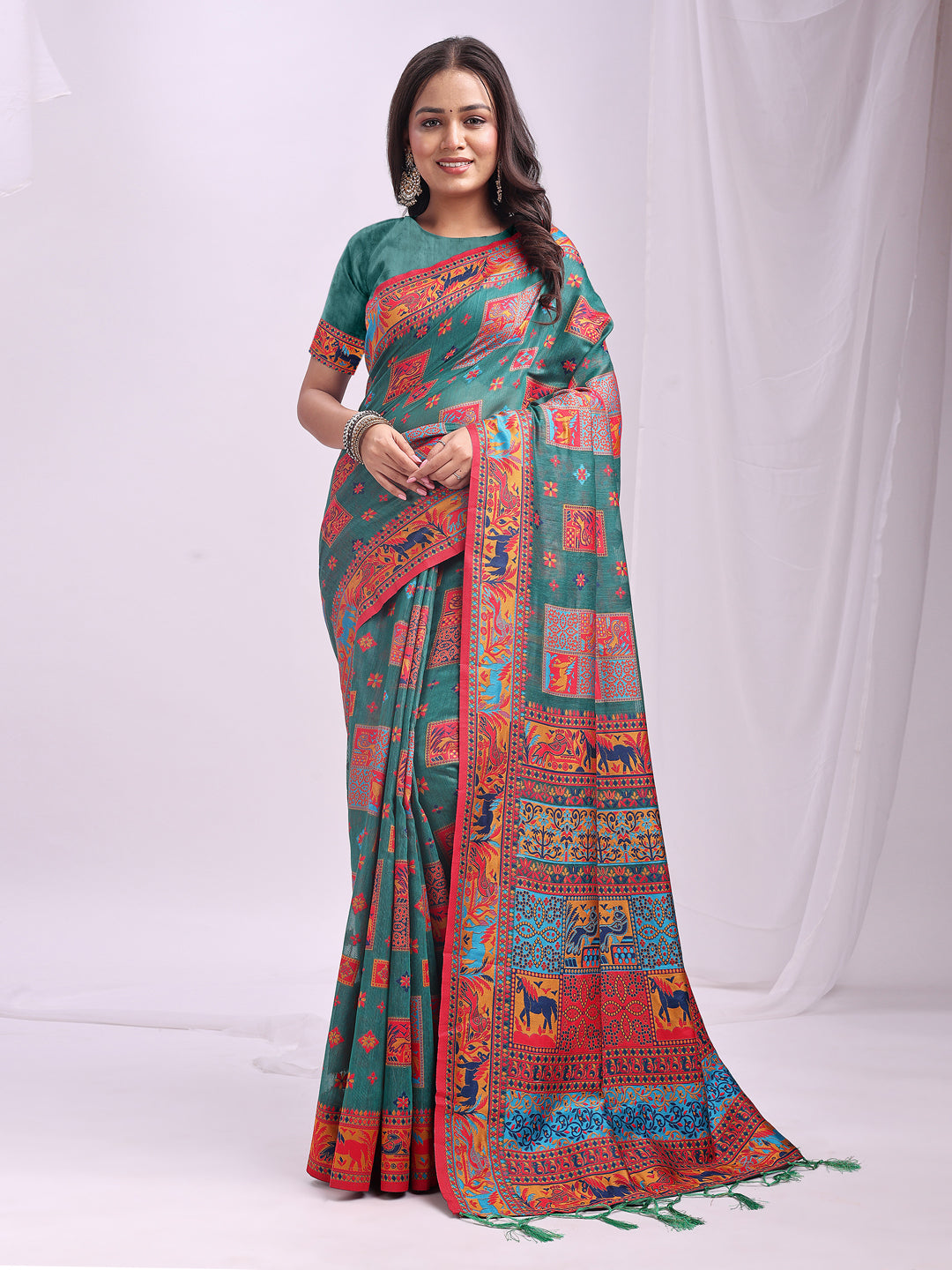 Woven Thread Designer Rama Green Linen Cotton Traditional Rich Looks Saree