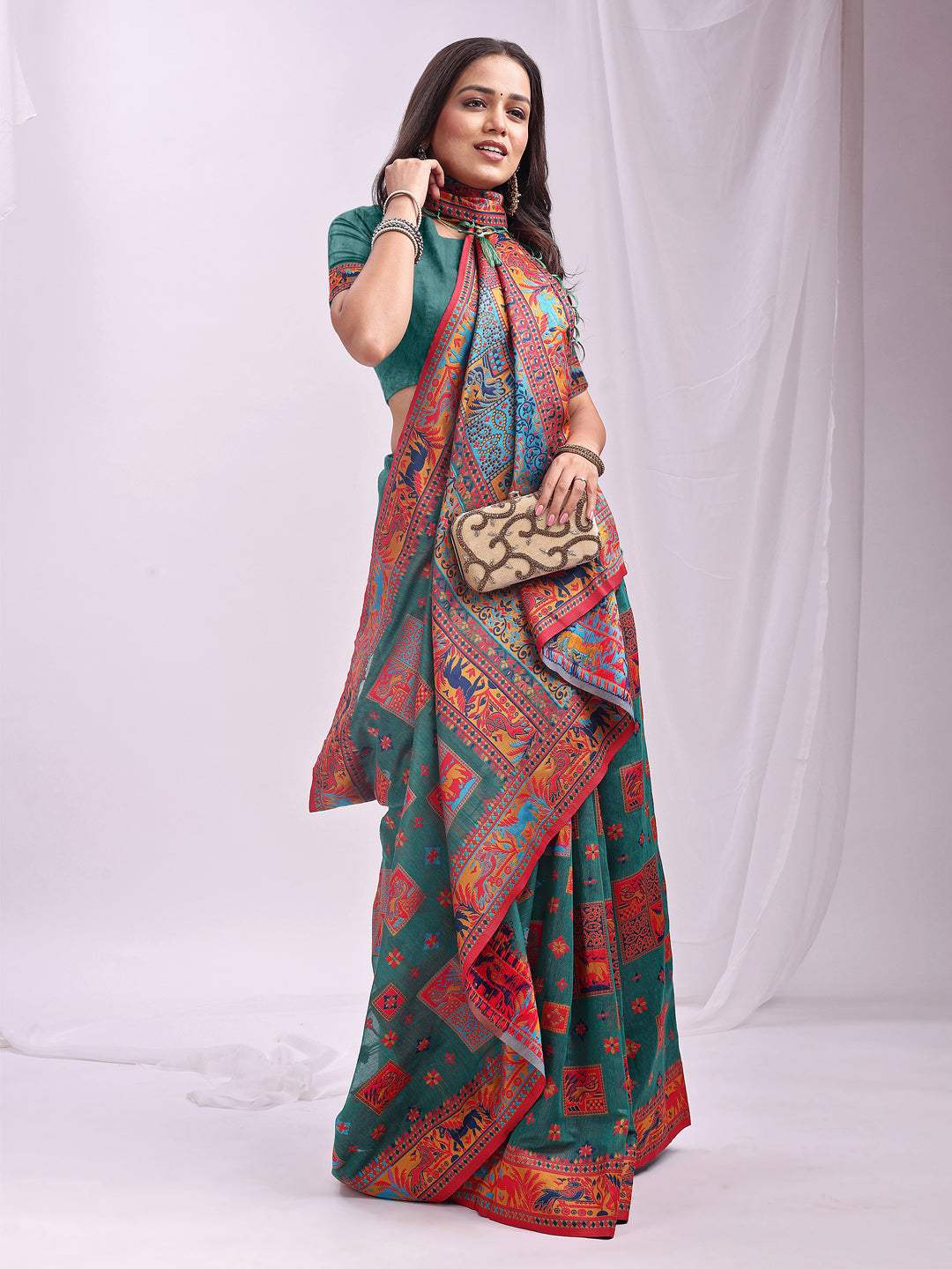 Woven Thread Designer Rama Green Linen Cotton Traditional Rich Looks Saree