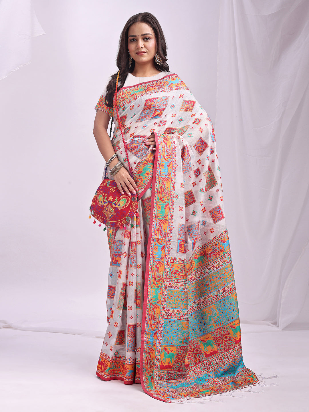 Woven Thread Designer White Linen Cotton Traditional Rich Looks Saree
