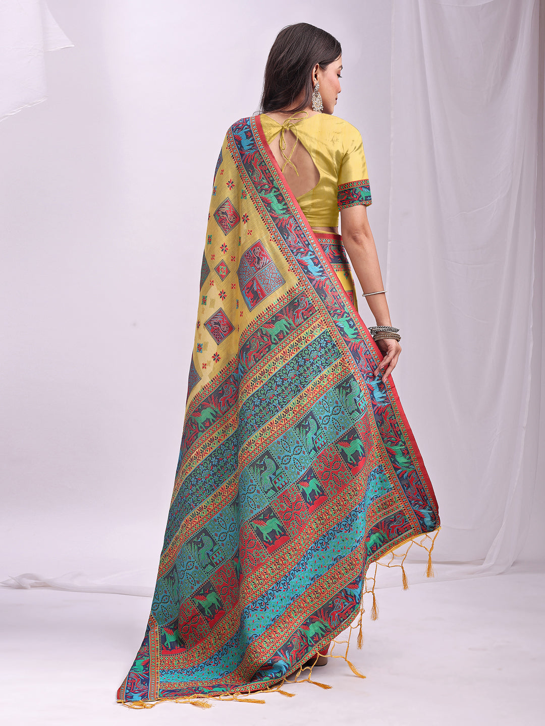 Woven Thread Designer Yellow Linen Cotton Traditional Rich Looks Saree