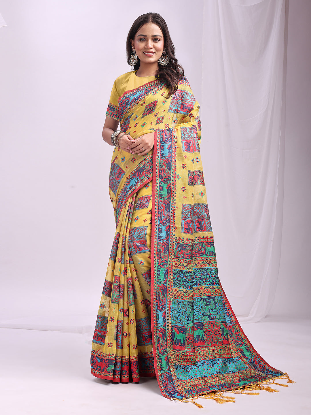 Woven Thread Designer Yellow Linen Cotton Traditional Rich Looks Saree