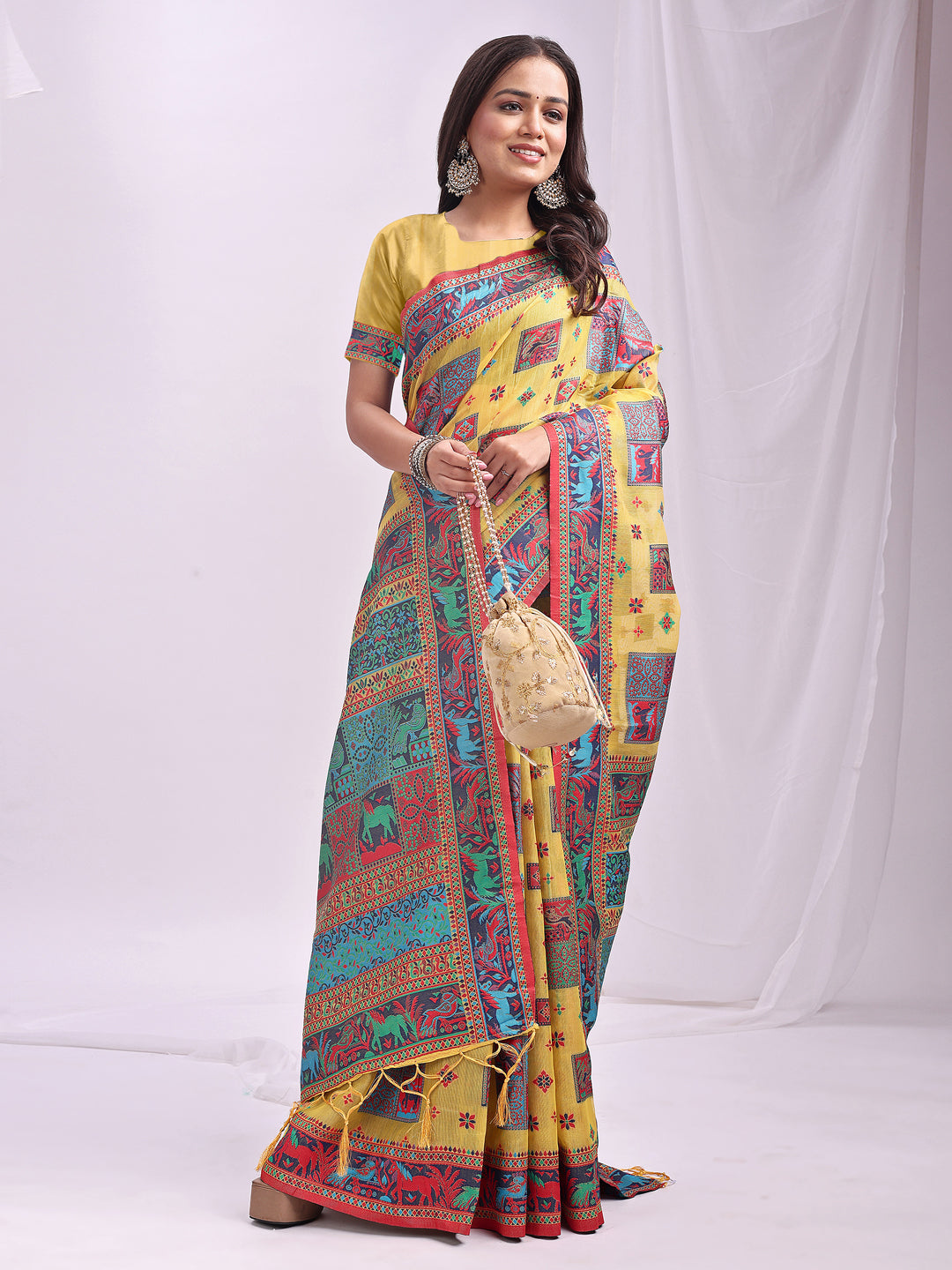 Woven Thread Designer Yellow Linen Cotton Traditional Rich Looks Saree
