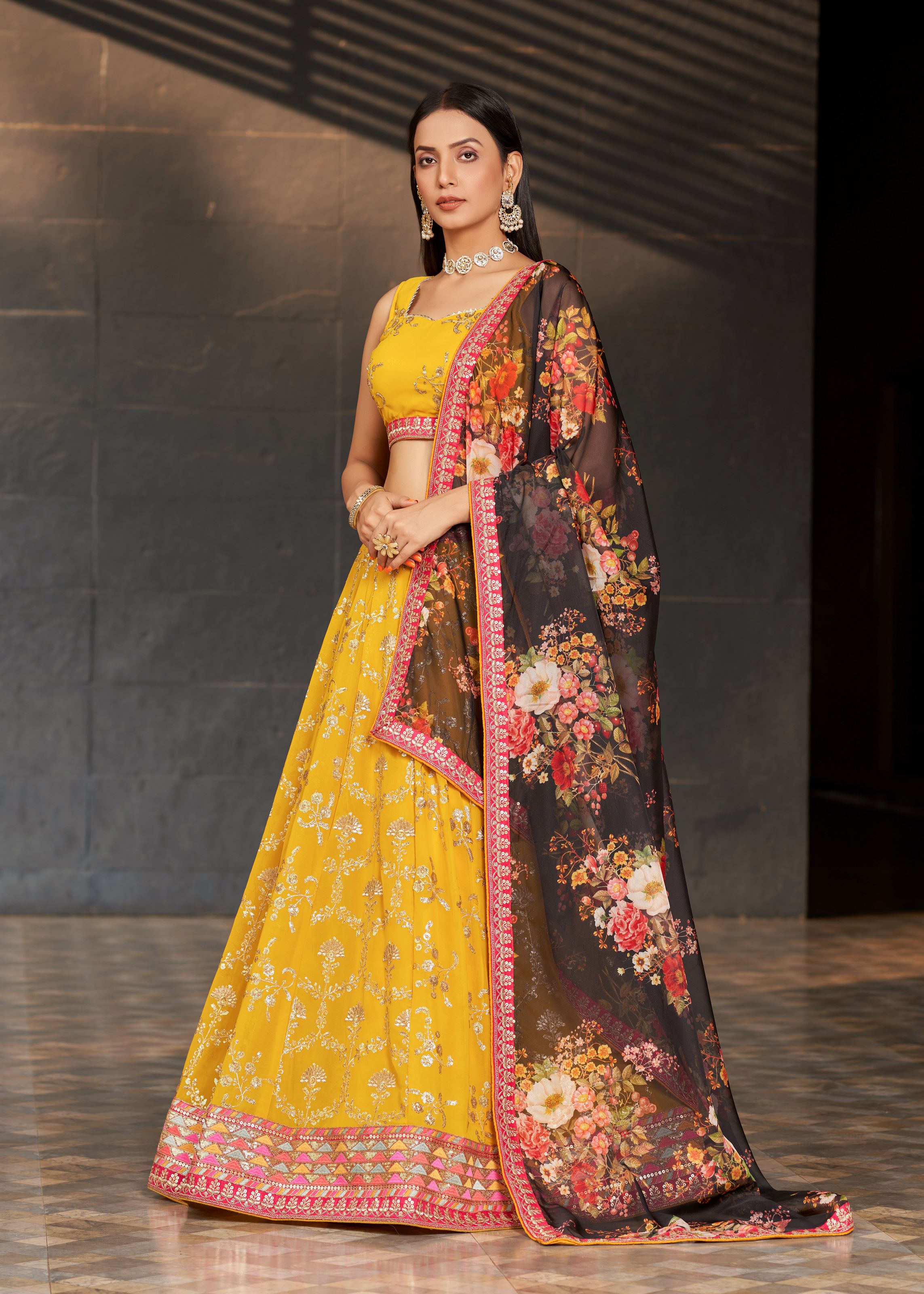 Yellow-Black Lehenga Choli With Sequins, Zari, Thread And Dori Work Embroidery With Digital Print