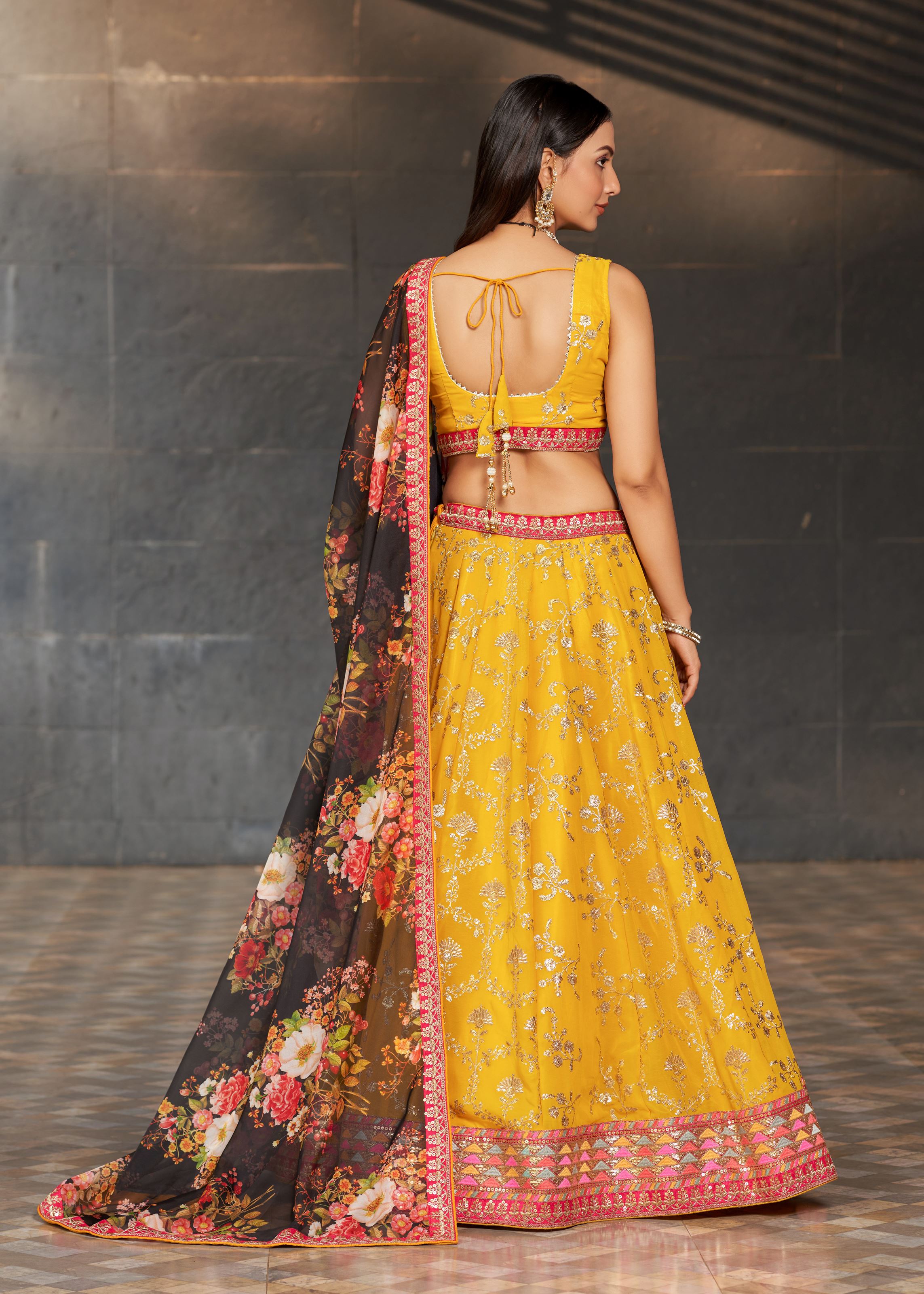 Yellow-Black Lehenga Choli With Sequins, Zari, Thread And Dori Work Embroidery With Digital Print