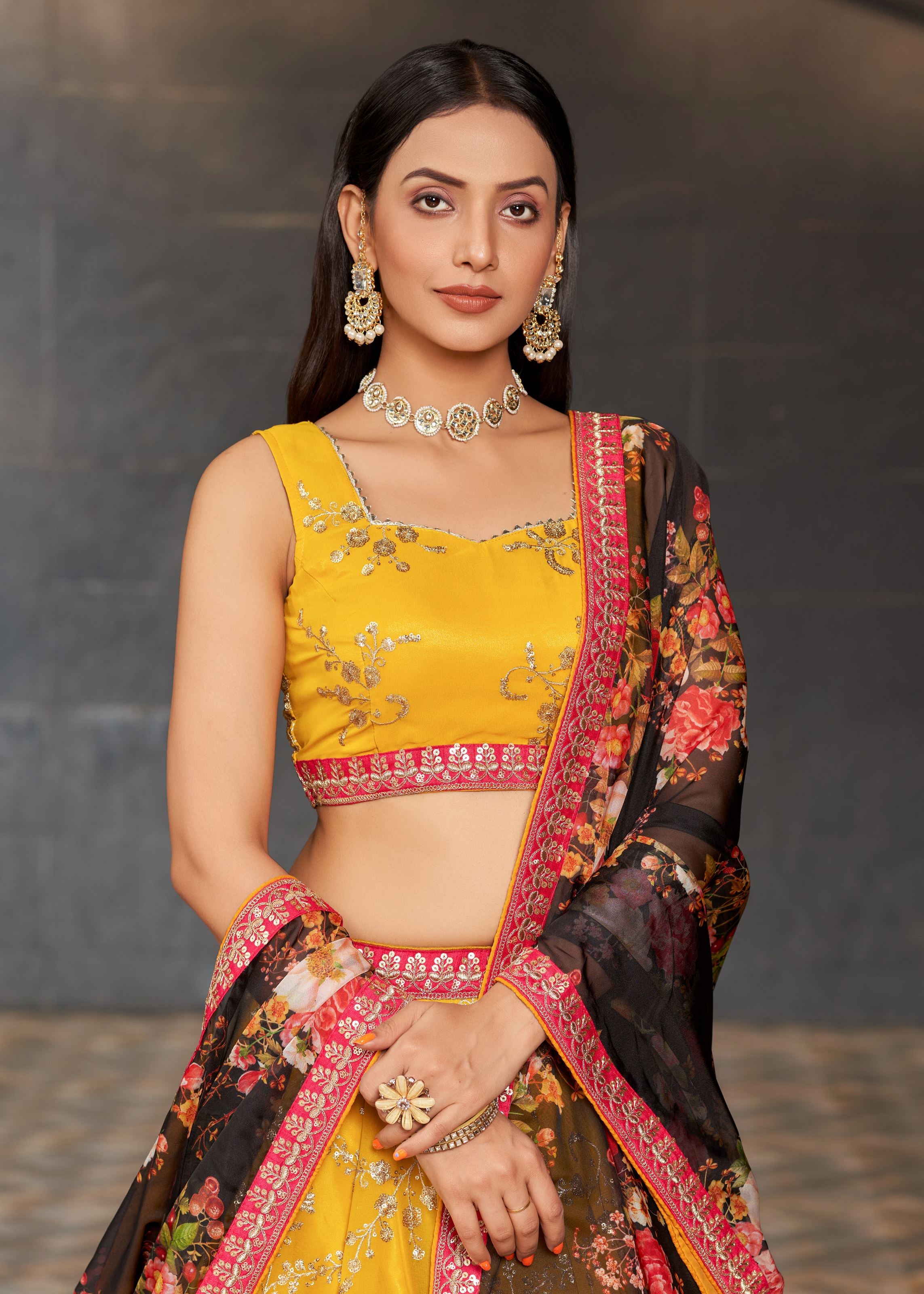 Yellow-Black Lehenga Choli With Sequins, Zari, Thread And Dori Work Embroidery With Digital Print