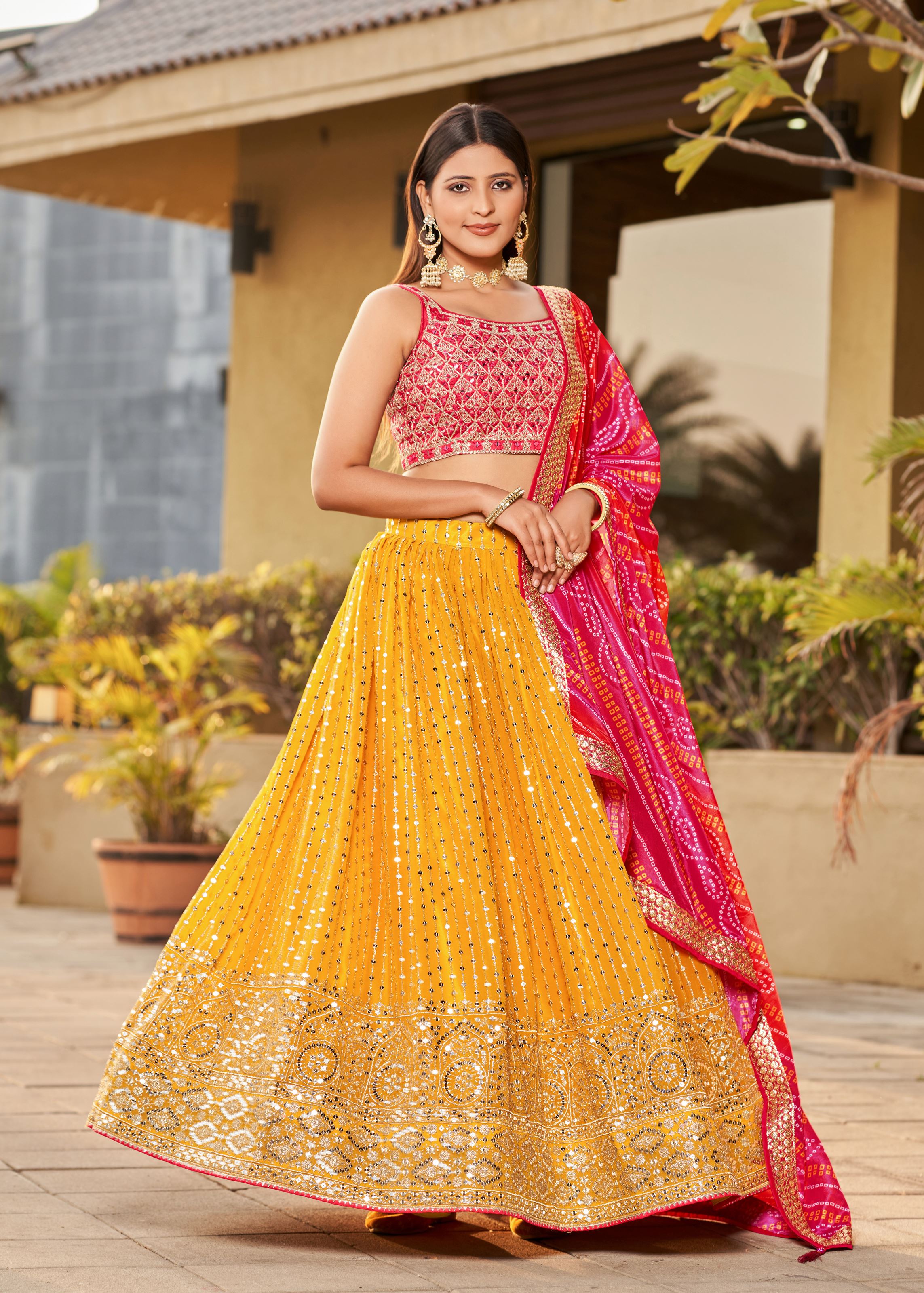 Yellow-Pink Lehenga Choli With Sequins, Zari, Dori Embroidery With Real Mirror Work And Digital Print