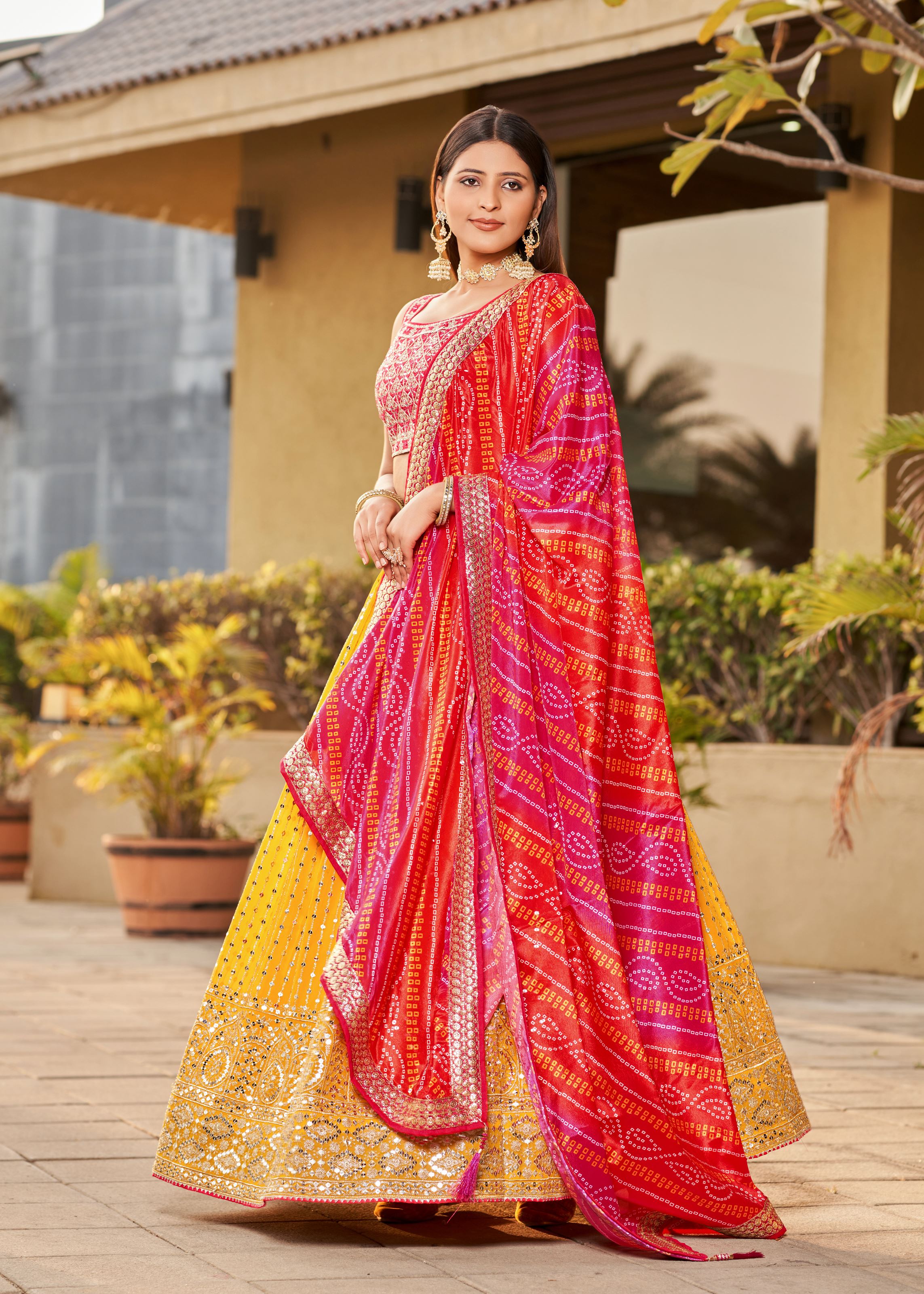 Yellow-Pink Lehenga Choli With Sequins, Zari, Dori Embroidery With Real Mirror Work And Digital Print