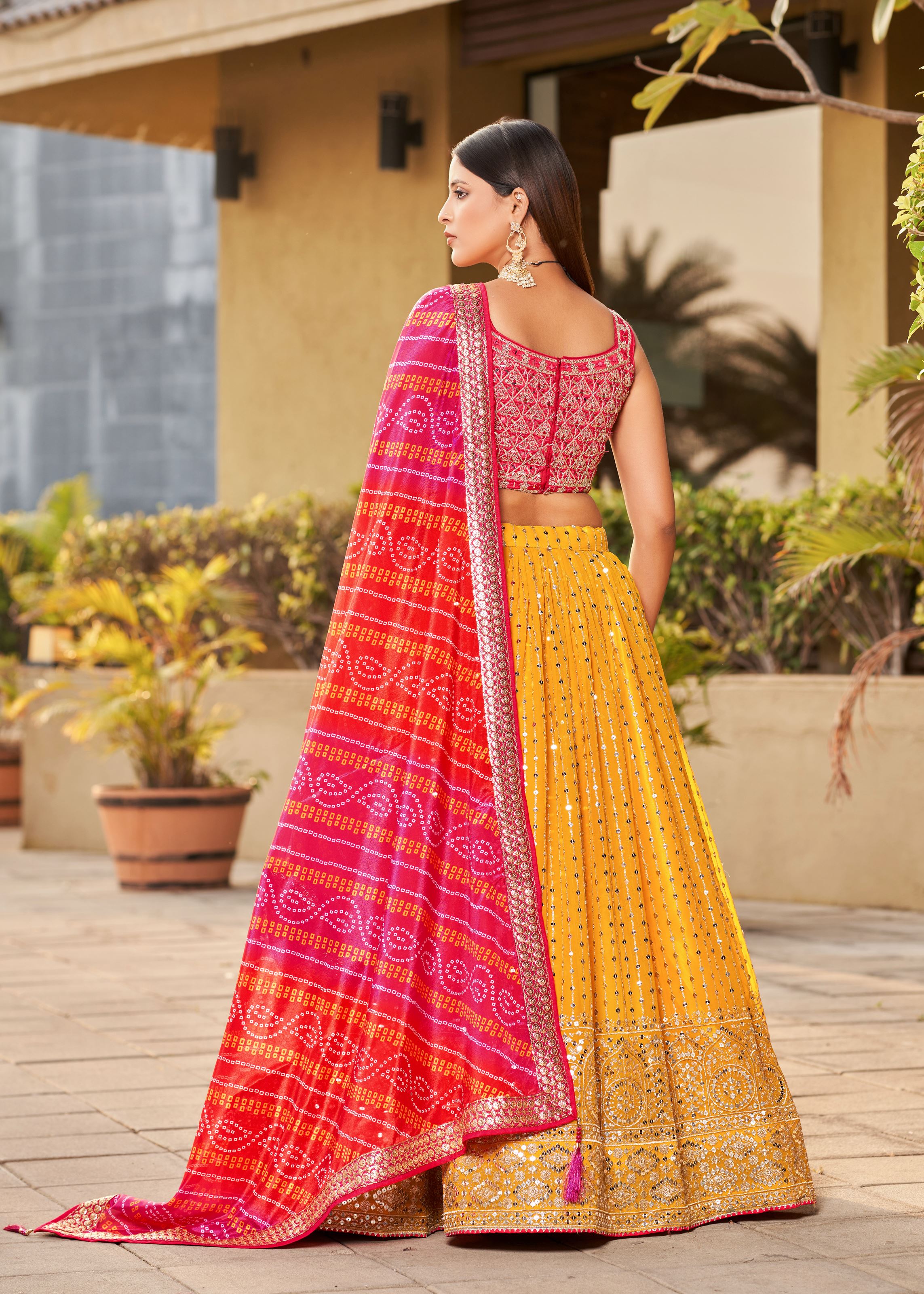 Yellow-Pink Lehenga Choli With Sequins, Zari, Dori Embroidery With Real Mirror Work And Digital Print
