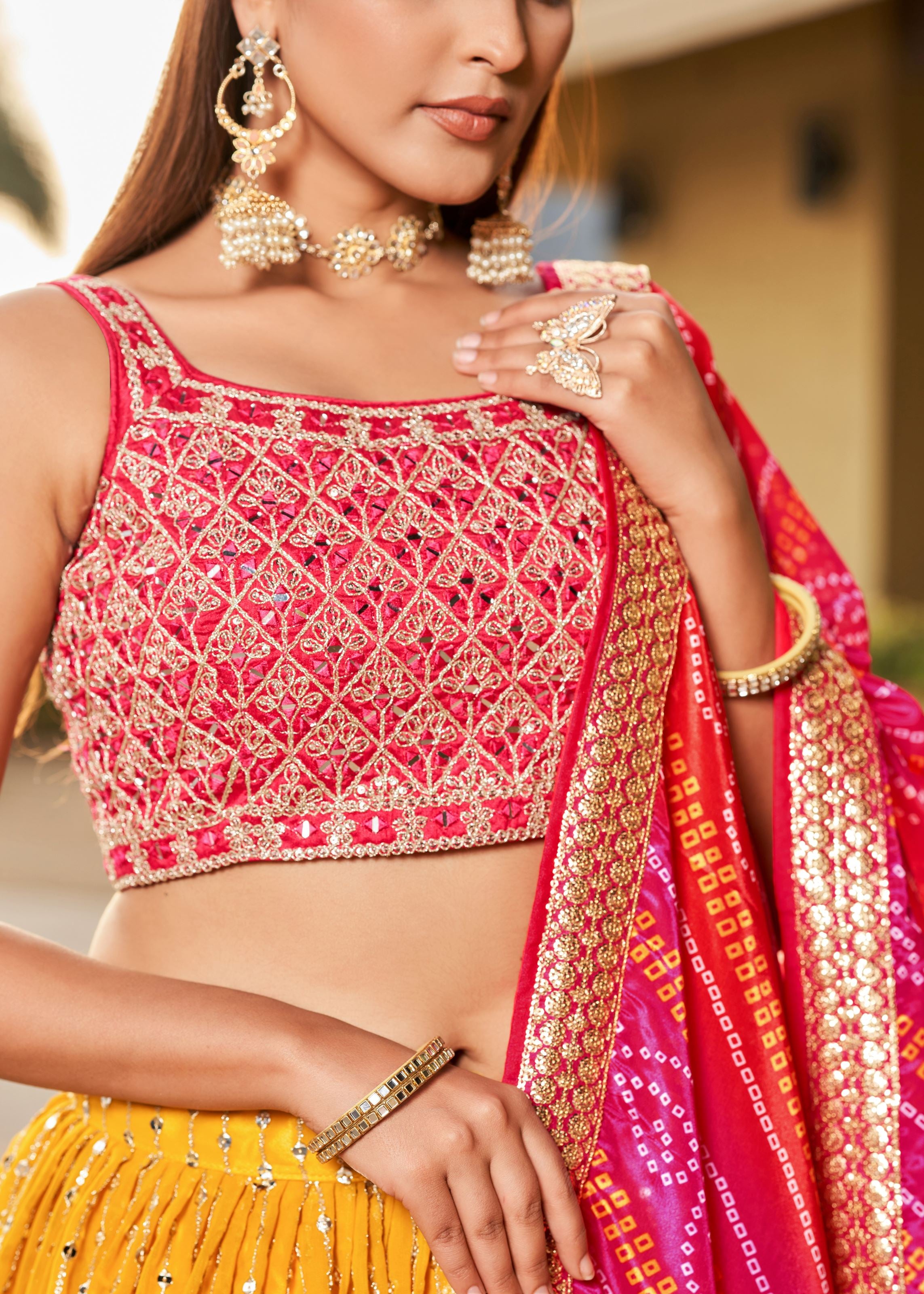 Yellow-Pink Lehenga Choli With Sequins, Zari, Dori Embroidery With Real Mirror Work And Digital Print