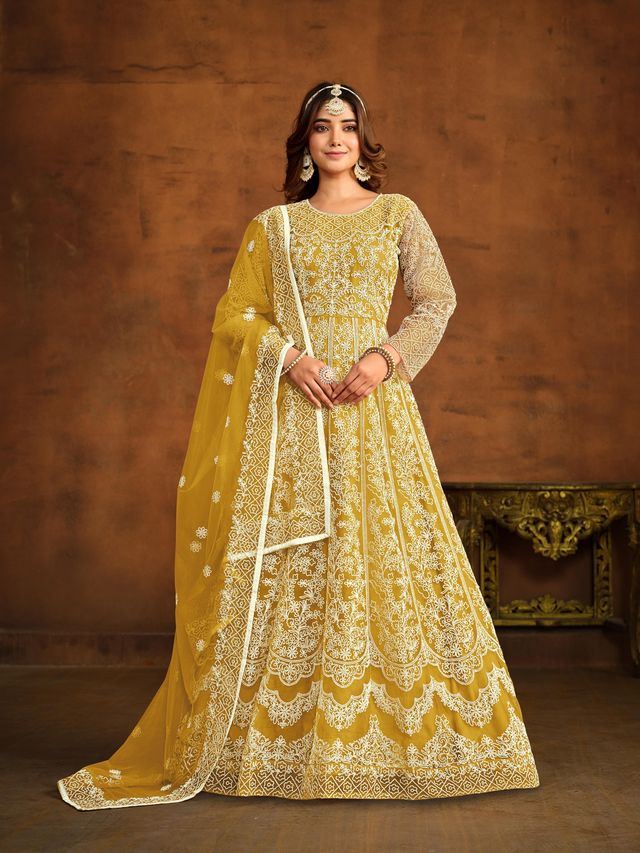 Yellow Anarkali Suit With Heavy Thread Embroidery Work