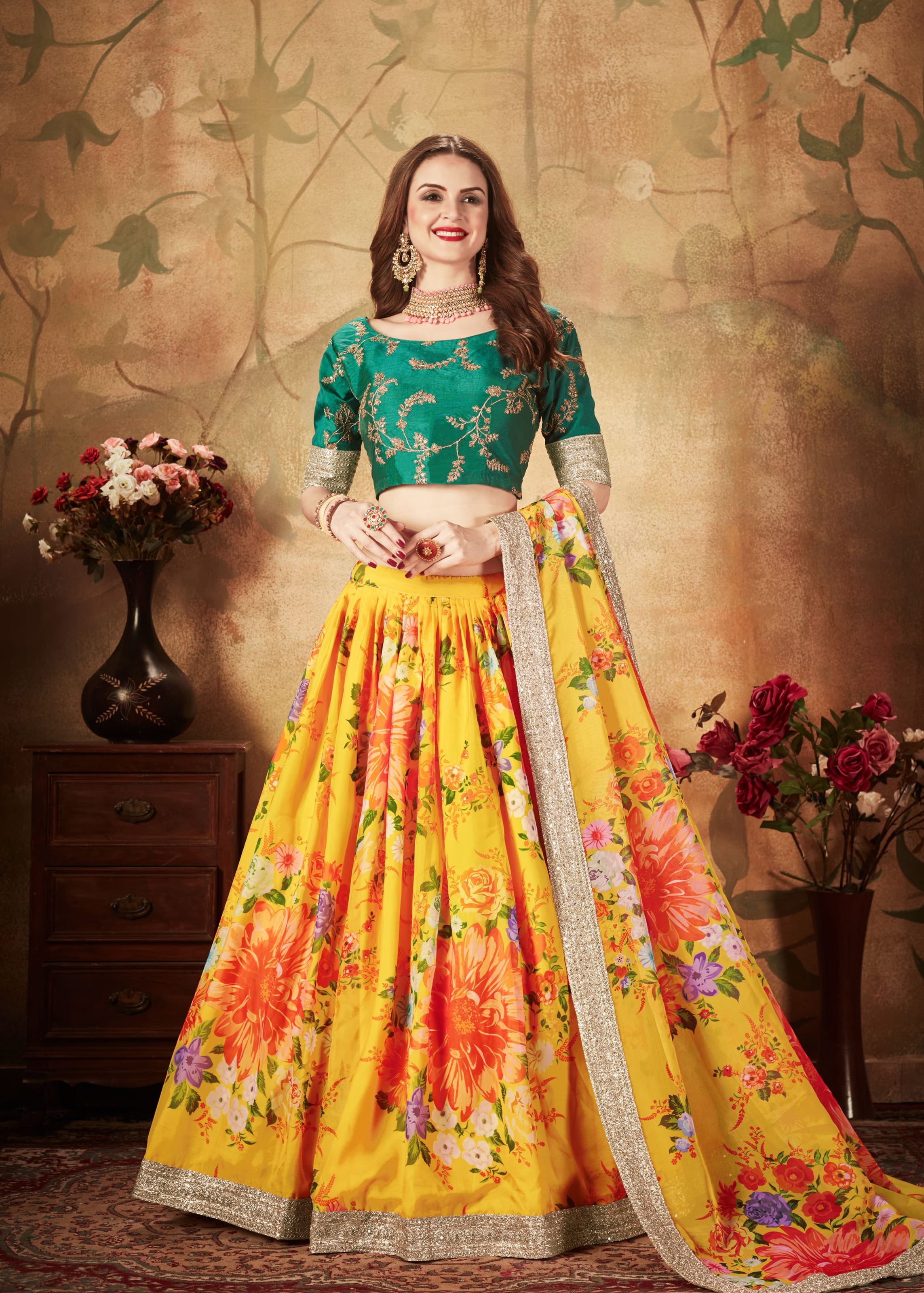 Yellow And Green Lehenga Choli With Digital Print & Dori, Zari And Sequins Embroidery Work