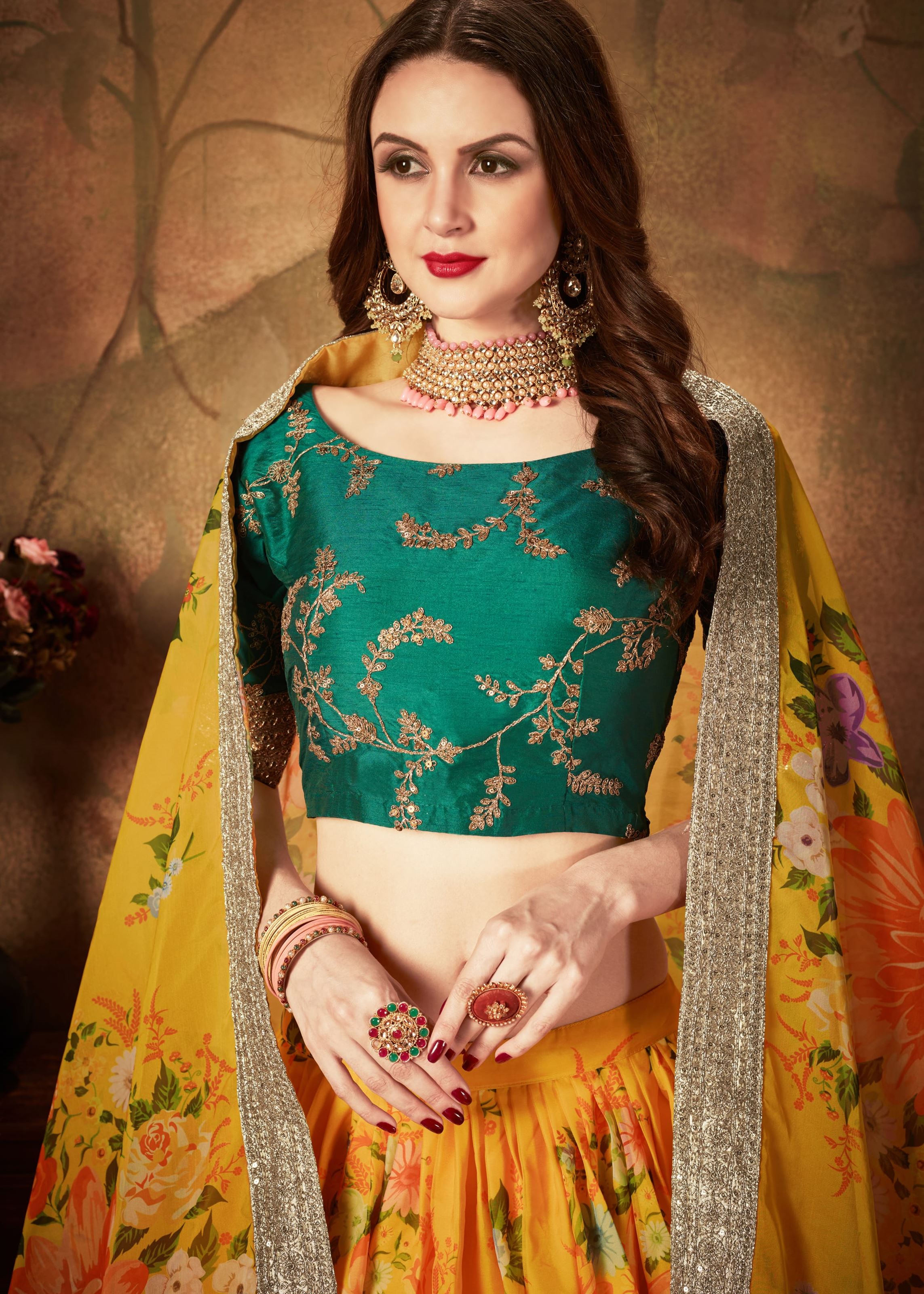 Yellow And Green Lehenga Choli With Digital Print & Dori, Zari And Sequins Embroidery Work