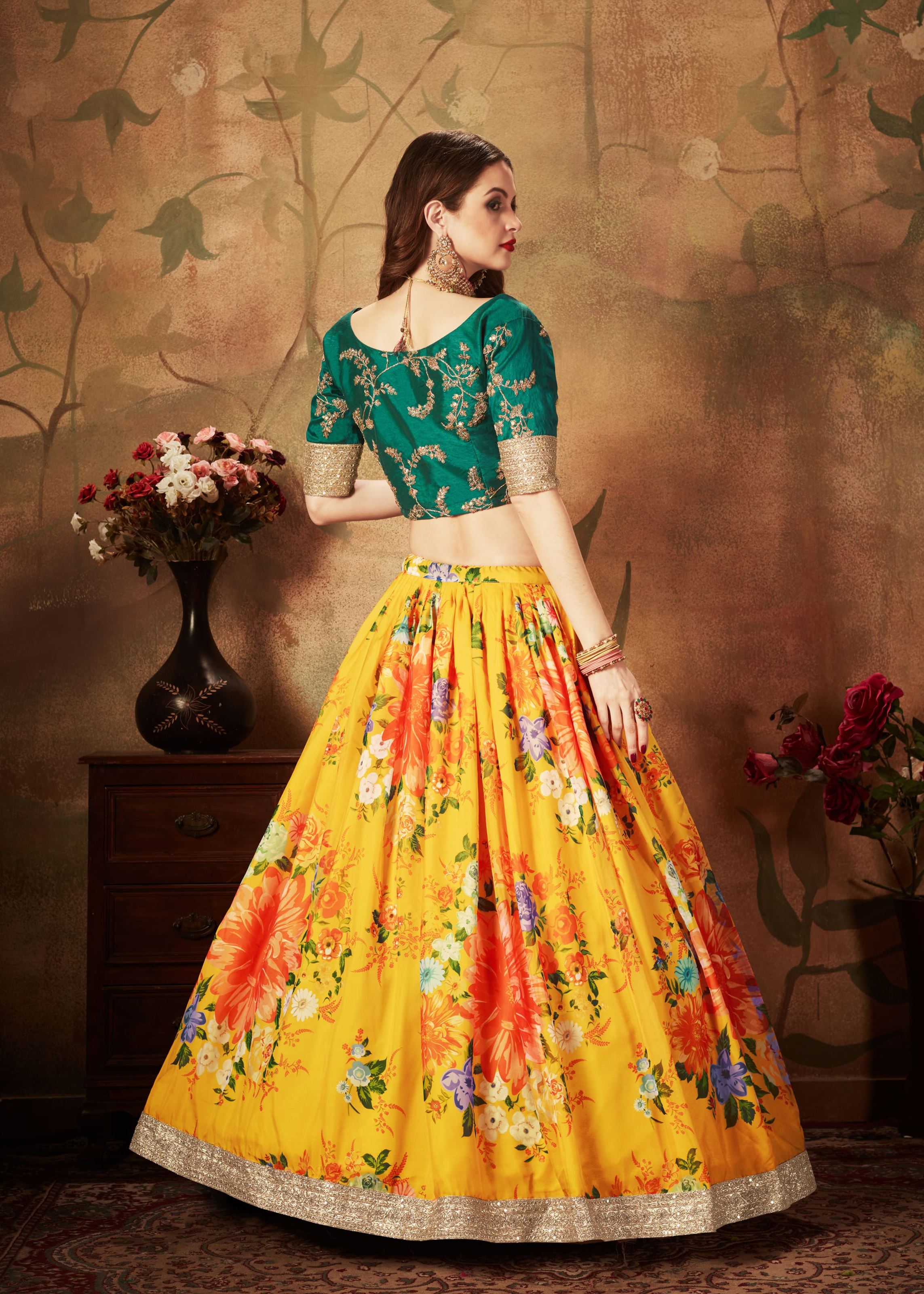 Yellow And Green Lehenga Choli With Digital Print & Dori, Zari And Sequins Embroidery Work